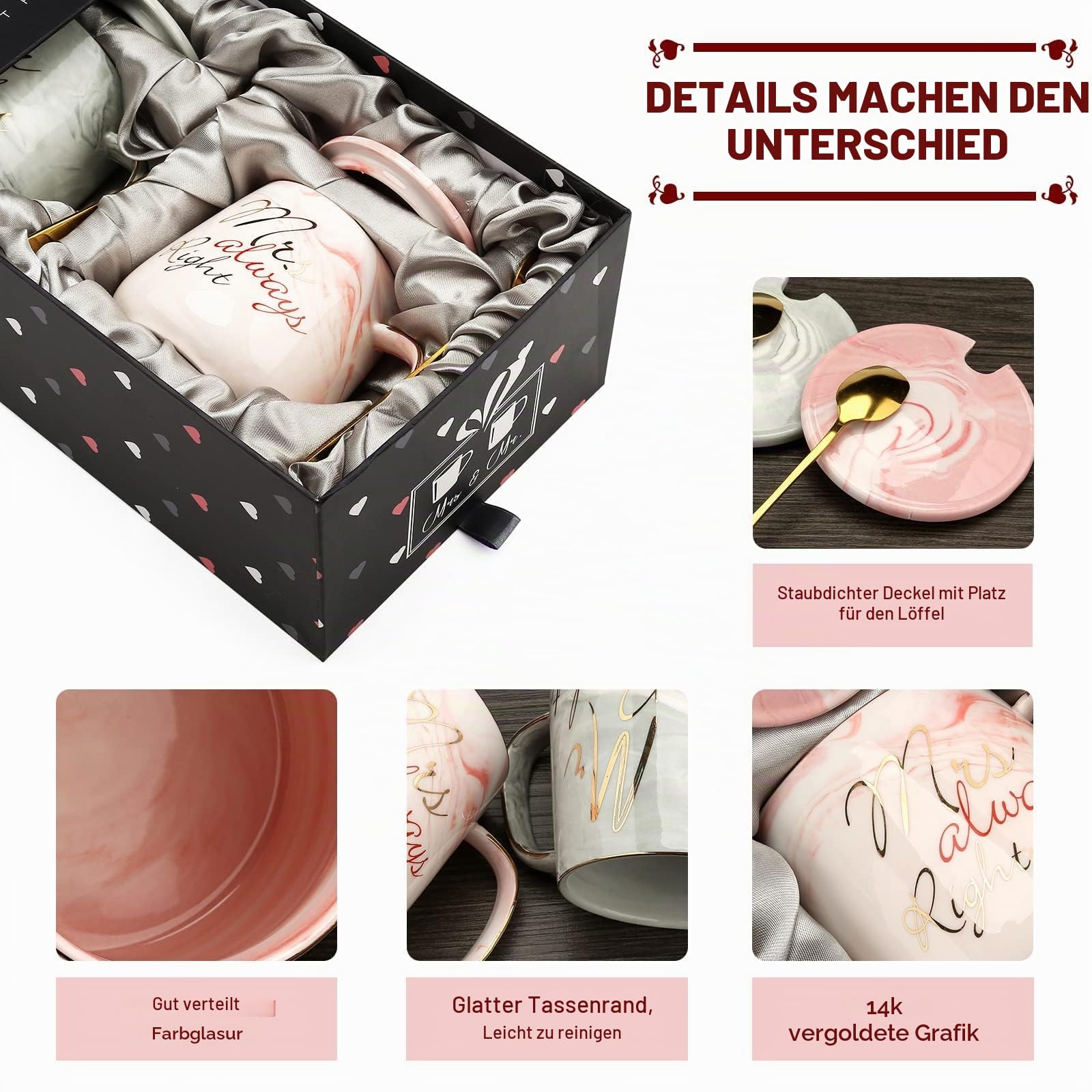 Mr Right und Mrs Always Right Kaffeetassen für Paare, Geschenk-Set für Verlobung, Hochzeit, Brautparty, Brautparty, Brautpaar für Brautpaare, Hochzeitstag, Keramik-Marmor, 370 ml, oval