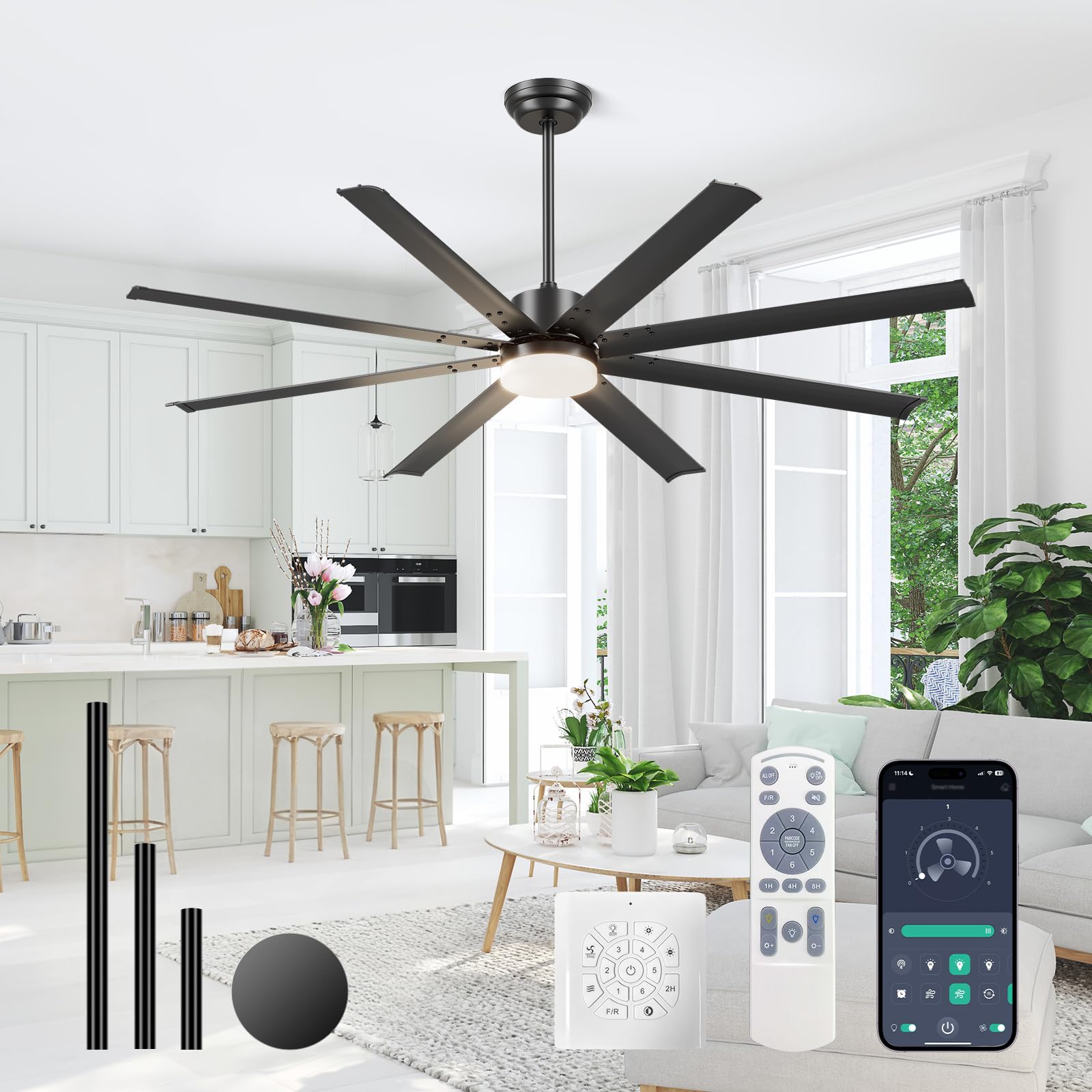 Carrefour 72 Inch Large Ceiling Fan with Light or No Light, 8 Aluminum Blades, Matte Black, 6-Speed Quiet Reversible, Remote Wall APP Control, for