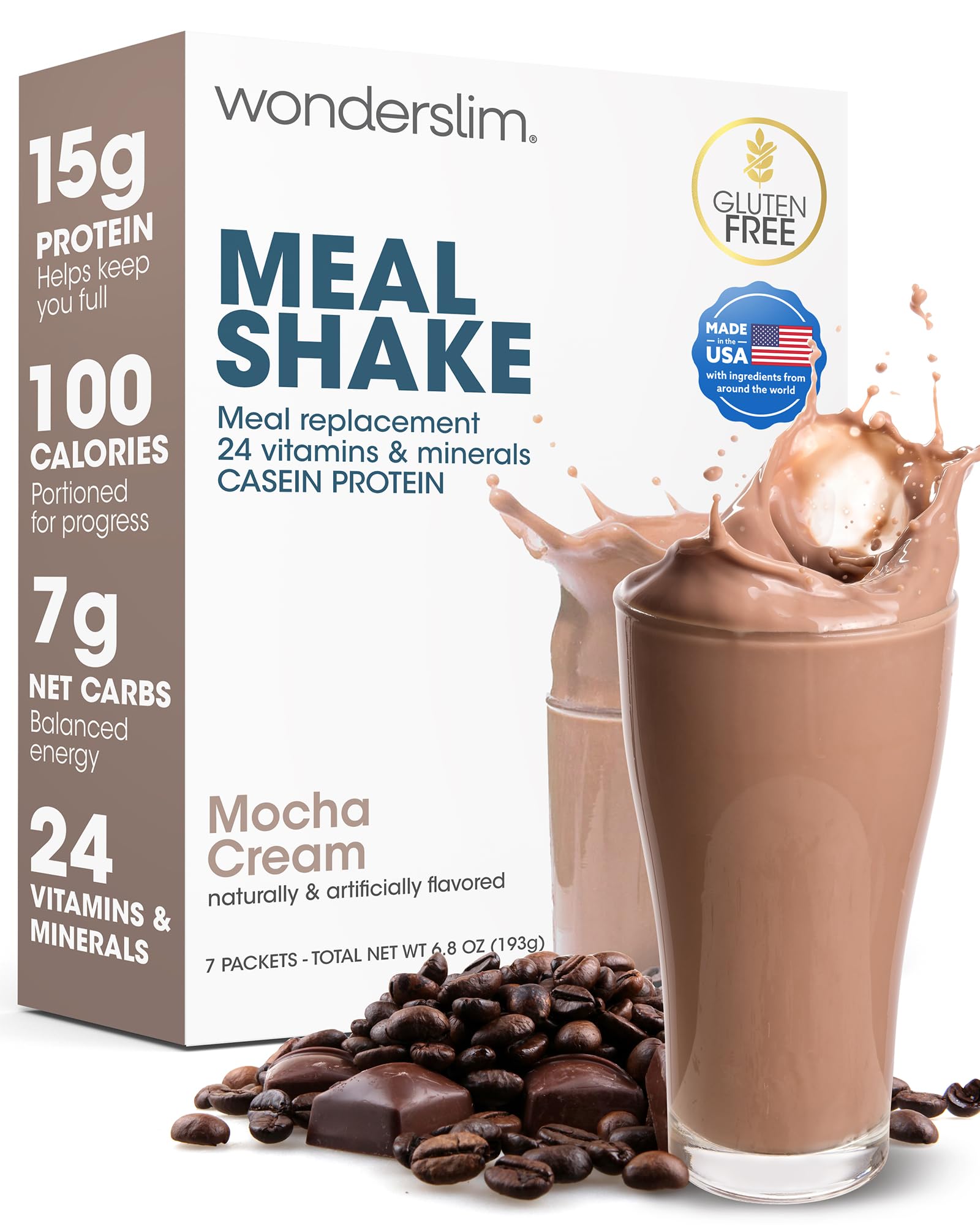 WonderSlim Shake substituto de refeição com proteína de caseinato de cálcio, 15 g por porção, sabor Mocha Cream, 7 sachês