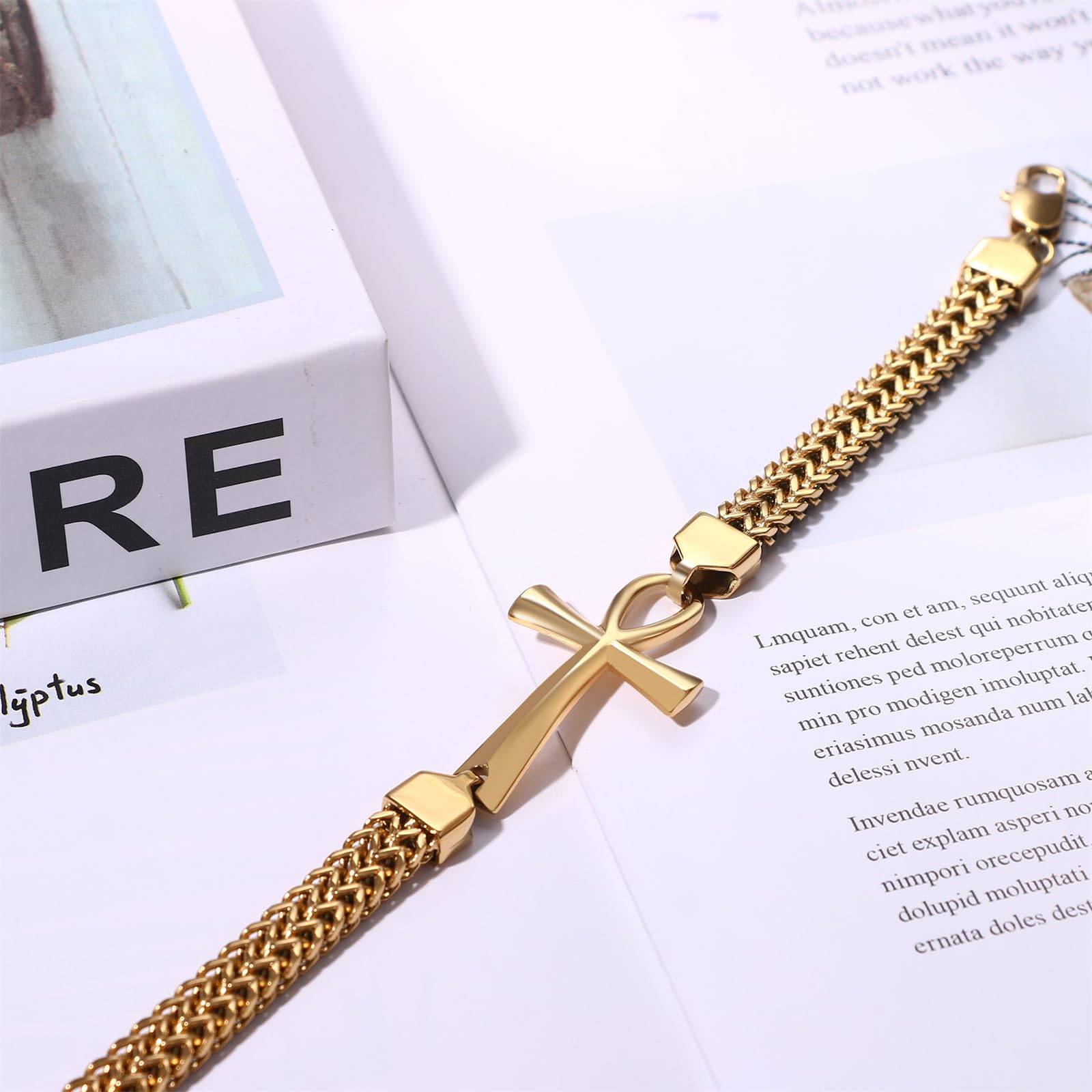 OIDEA Pulsera de cruz egipcia Ankh para hombre: doble fila trenzada de cadena Franco, llave de la vida, pulsera de acero inoxidable para hombre, amuleto de protección, regalo de joyería