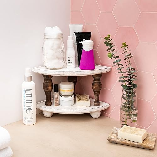 Miniatura 3 de DAILY RITMO Estante esquinero de madera para mostrador  Organizador de baño apilable para encimera  Bandeja de lavado blanca de granja, estantes de