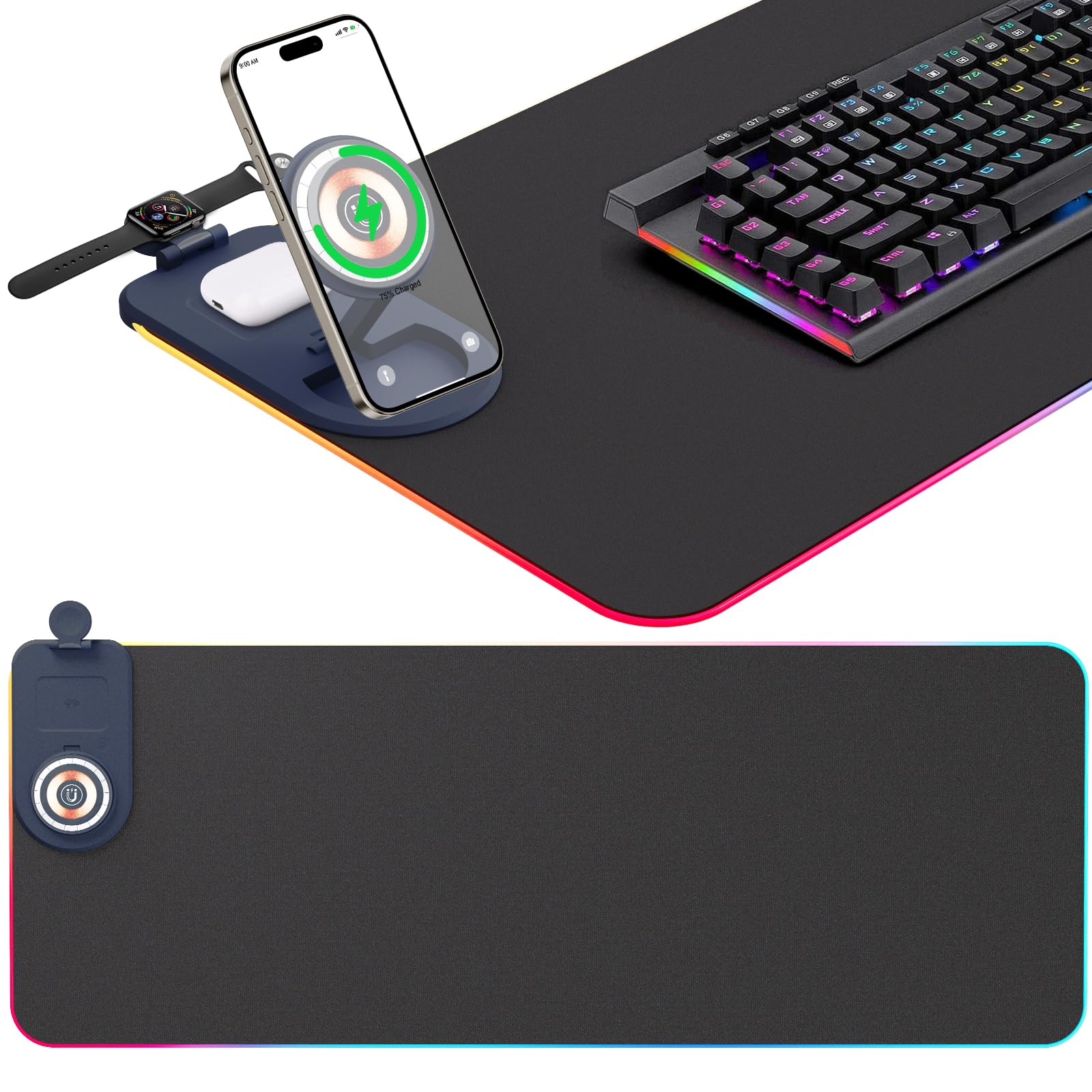 Alfombrilla de Ratón RGB 800 * 300 * 4mm,Alfombrilla Ratón Gaming 15W Carga Inalámbrica Qi, 15 Modos Iluminación LED, Impermeable Antideslizante para Escritorio Oficina Gamer
