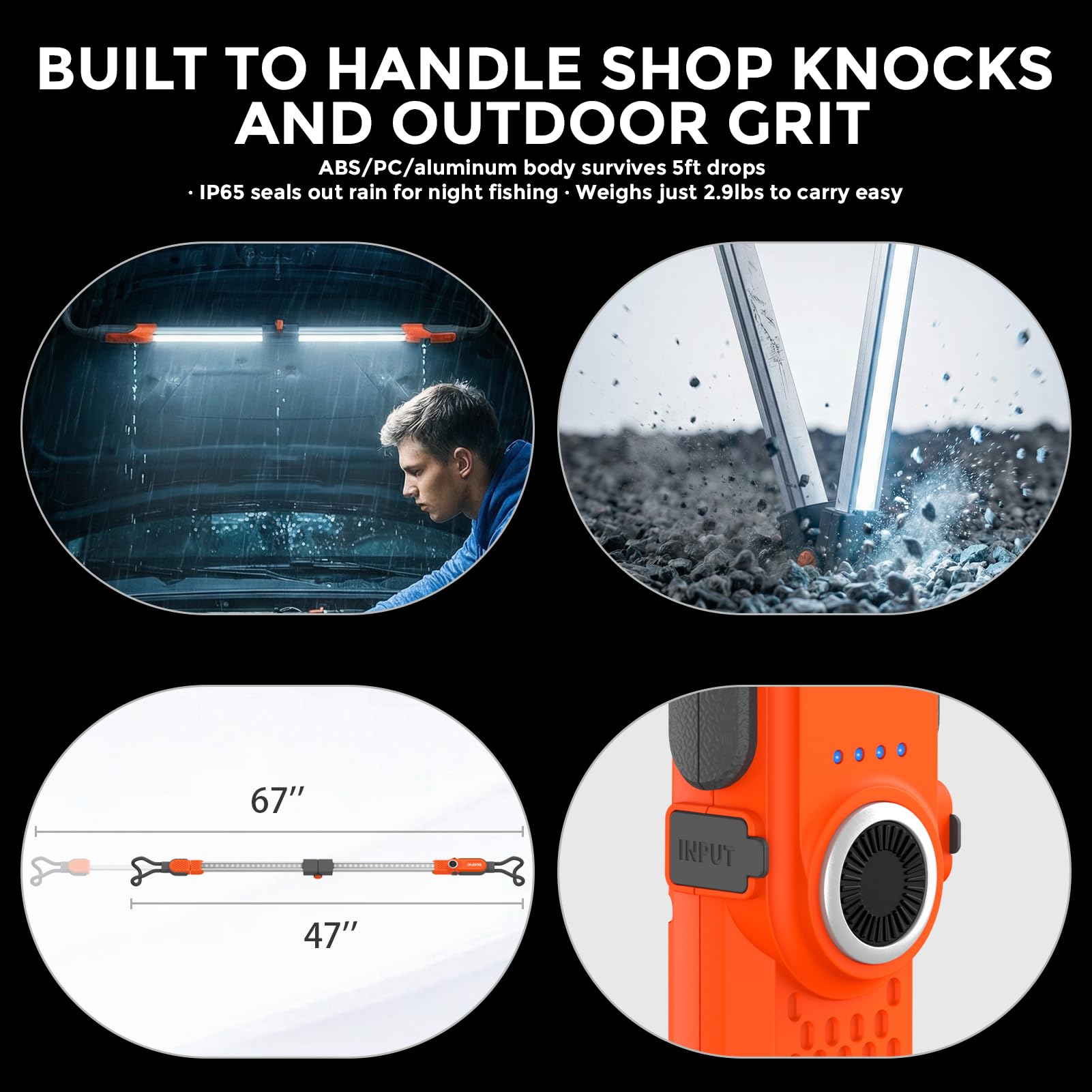 Luce da lavoro ricaricabile da 2300 lumen, barra luminosa a LED pieghevole con 3 livelli di luminosità, batteria esterna da 6000 mAh, impermeabile IP65, ganci telescopici per riparazione auto e garage