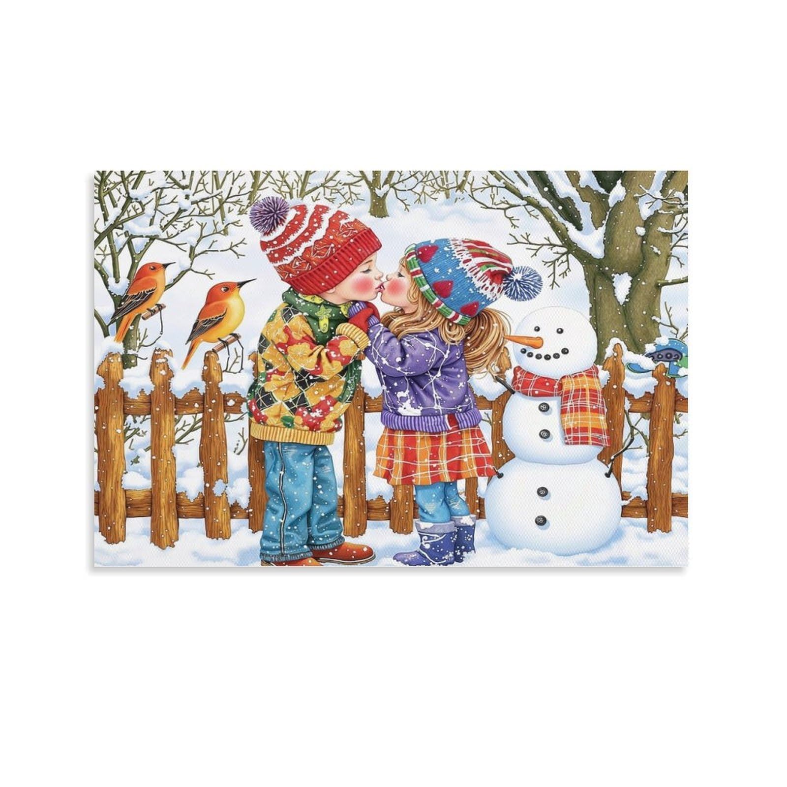CPLVKWRQJ Winter Kiss Scene Individual Winter Children Kiss Snowman Canvas Wall Art - Office Canvas Print Fade Resistant Wall Focal Art Ready to Hang 16x24inch(40x60cm)