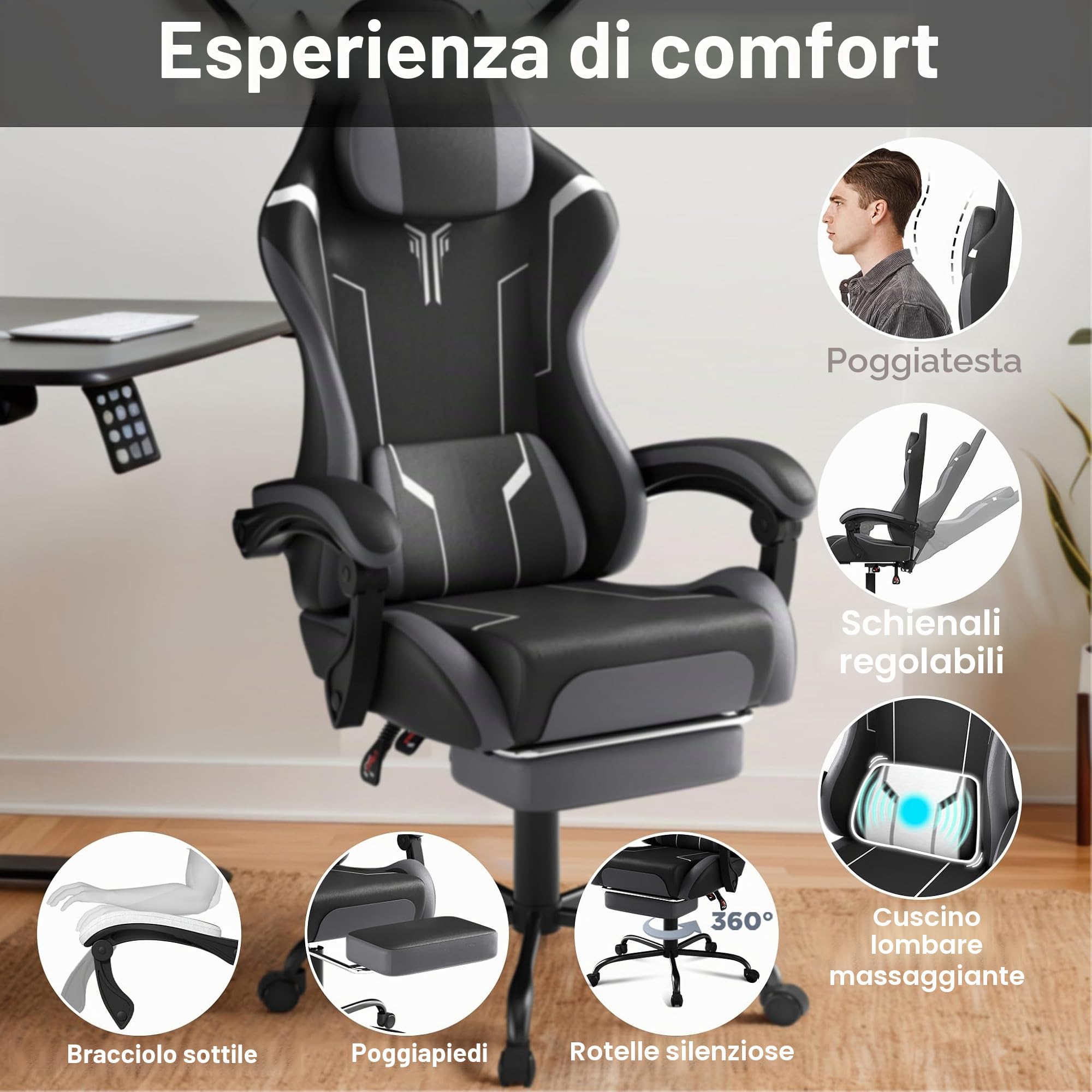 YRHome Sedia da Gaming Ergonomica, Sedia da Ufficio Ergonomica, Sedia da Gaming Girevole e Regolabile in Altezza, Sedia da Ufficio Regolabile in Altezza, Sedia da Ufficio con Poggiapiedi e Supporto
