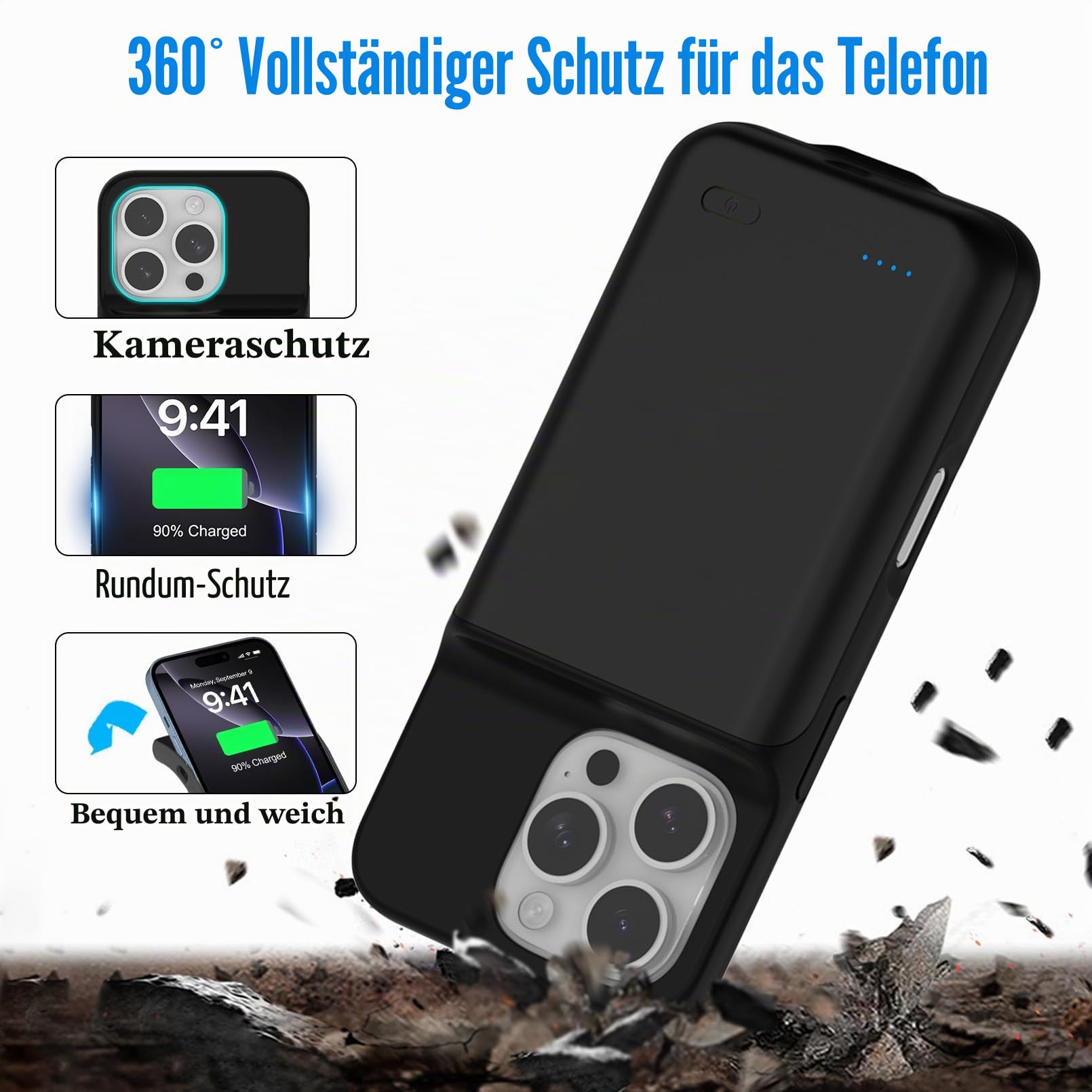 Akkuhülle für iPhone 16 Pro (6,3"), 7000mAh Powerbank Hülle ultradünn 15 W, Schnell Tragbares Ladegerät Battery Case, 360°-Schutz, Erweiterter Akku Ladehülle für iPhone 16 Pro, Schwarz