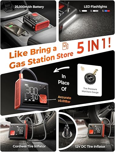 Miniatura 6 de Inflador de neumáticos, compresor de aire portátil, 4 en 1, 150 PSI, bomba automática eléctrica inalámbrica de 12 V CC con medidor de presión
