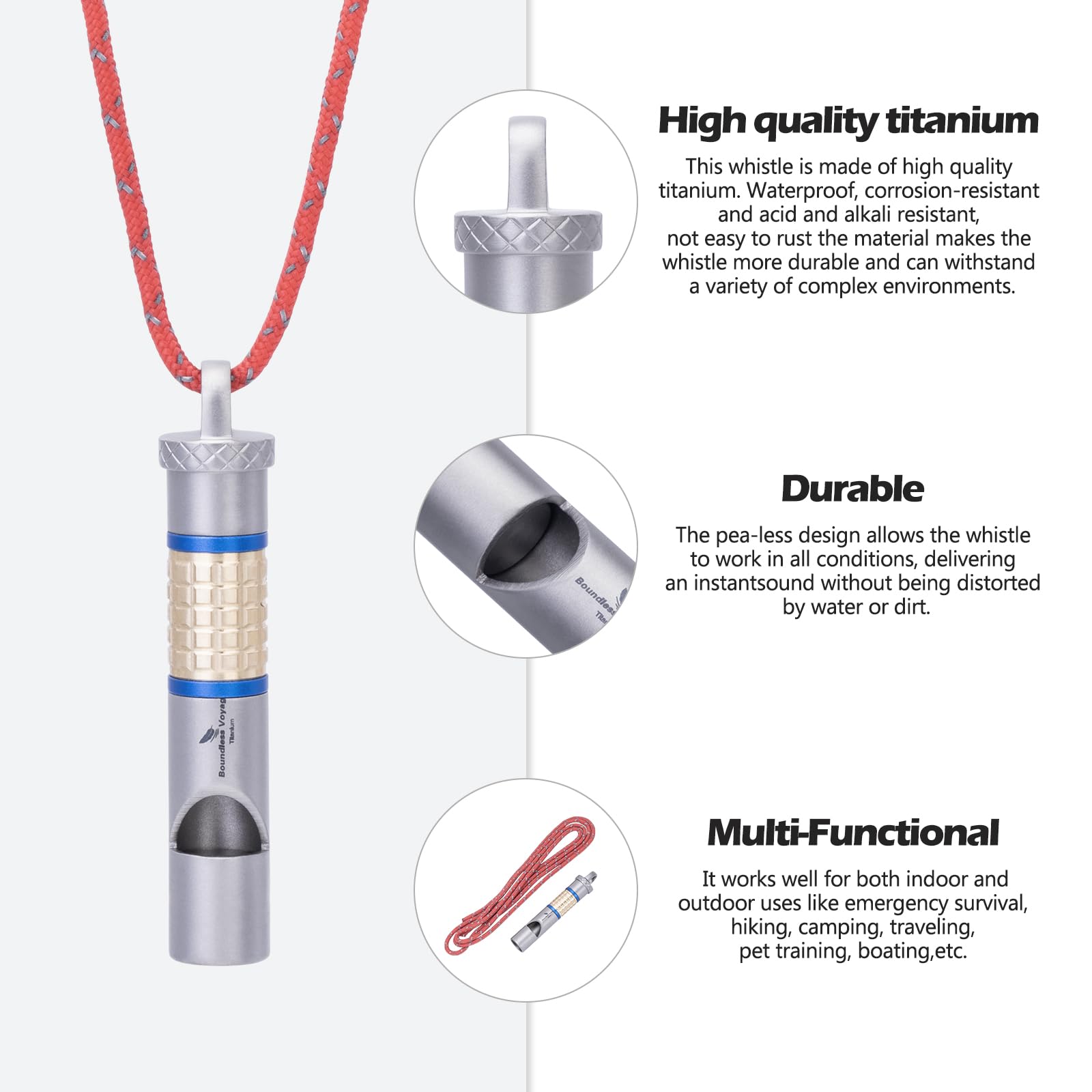 iBasingo 120dB Titanium Whistle Emergency Survival Safety Gear Camping Signal Whistles with Lanyard Loud for Outdoor Hiking Coaches Training Sports Keychain Whistle Signaling Tool Ti9013O