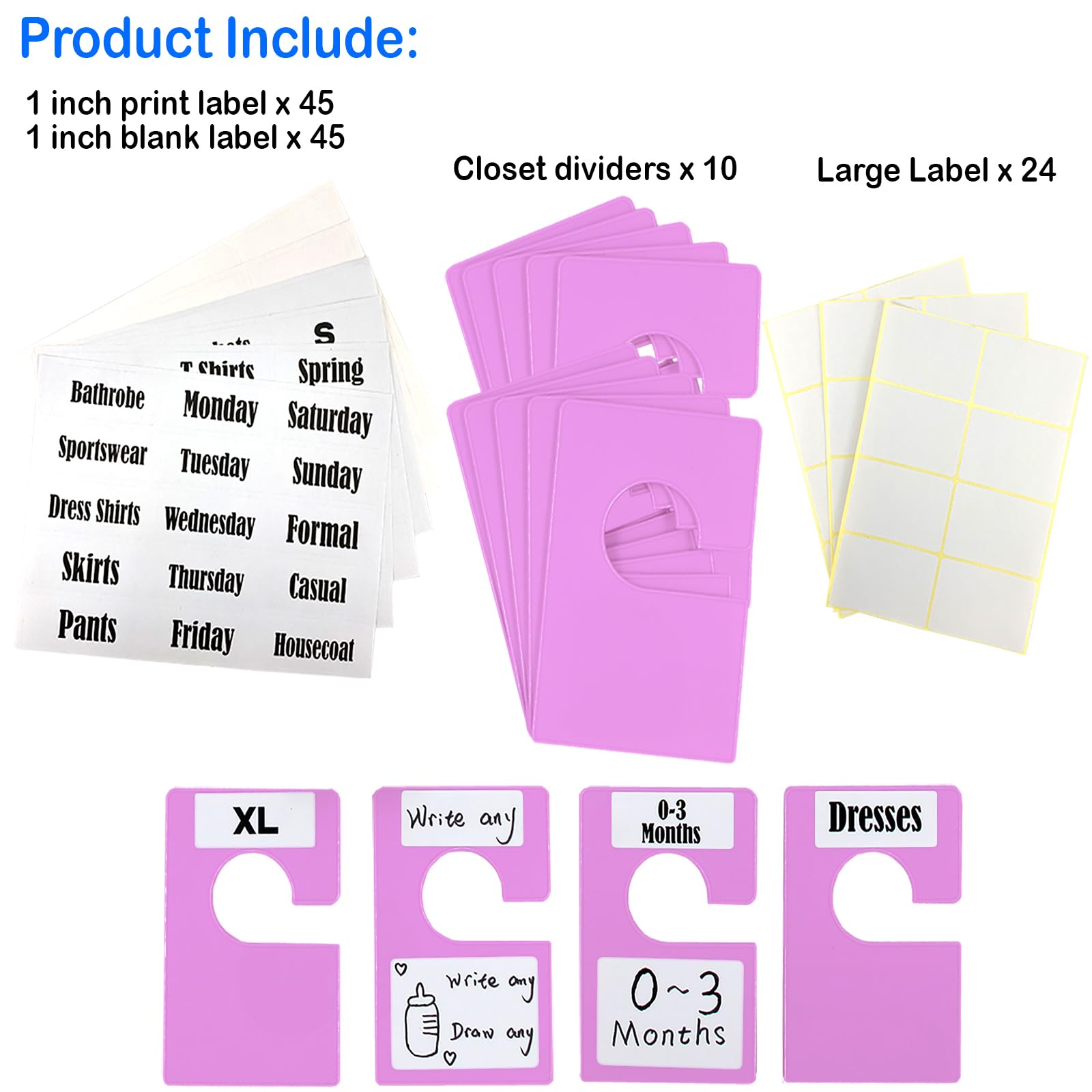 DMLNN 10 Pack White Clothing Rack Size Dividers Plus 60 Labels (1 Inch) and 16 Large Blank Labels, Large Rectangular Clothing Closet dividers (Pearl White): Purple 10 PACK