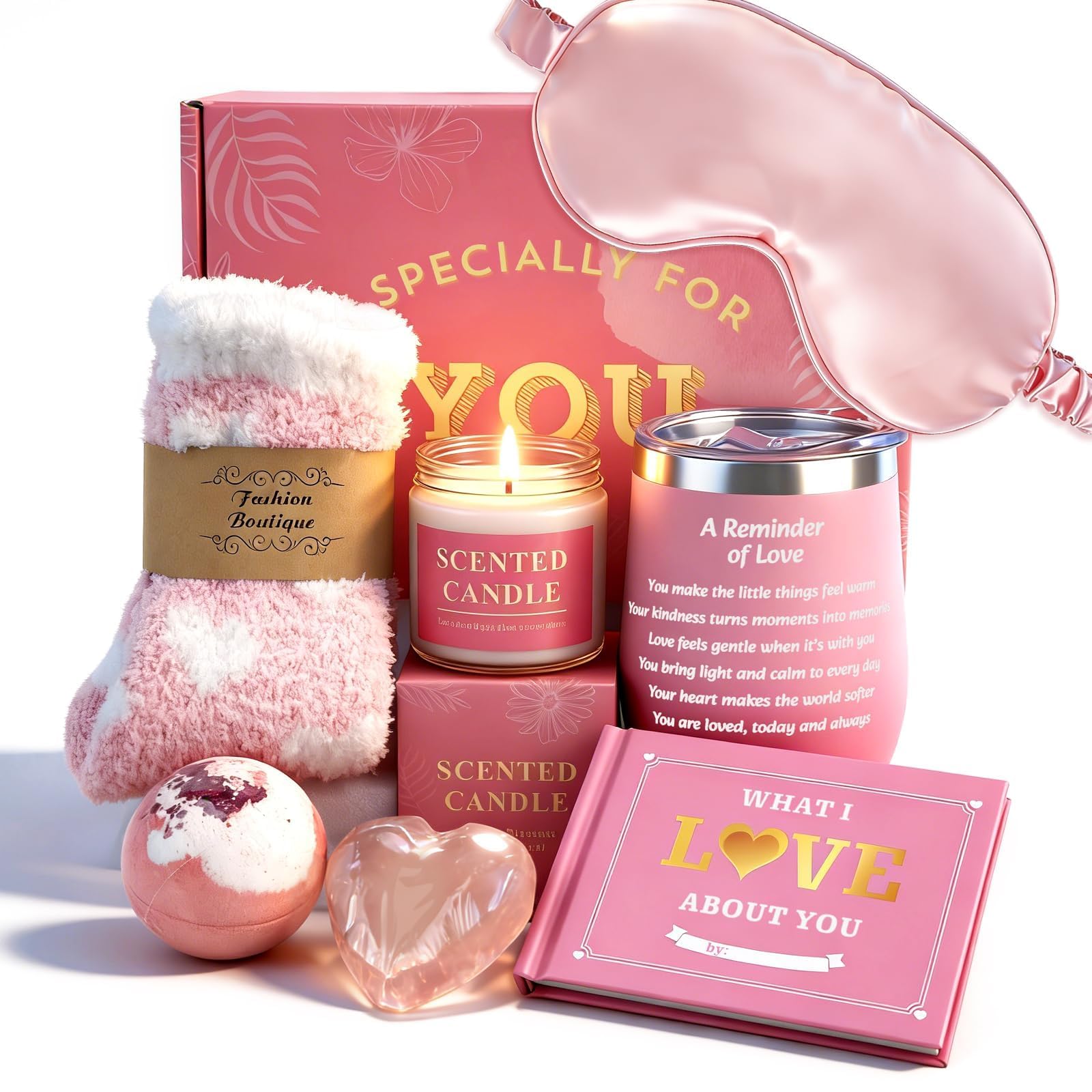 Valentines Gift Basket Birthday Gifts Set for Women Unique Self Care Gift Basket With Thermos cups,Heart Handmade Soap,Eye masks Valentines Day Gift for Wife Girlfriend Mom Sister Daughter-image-18