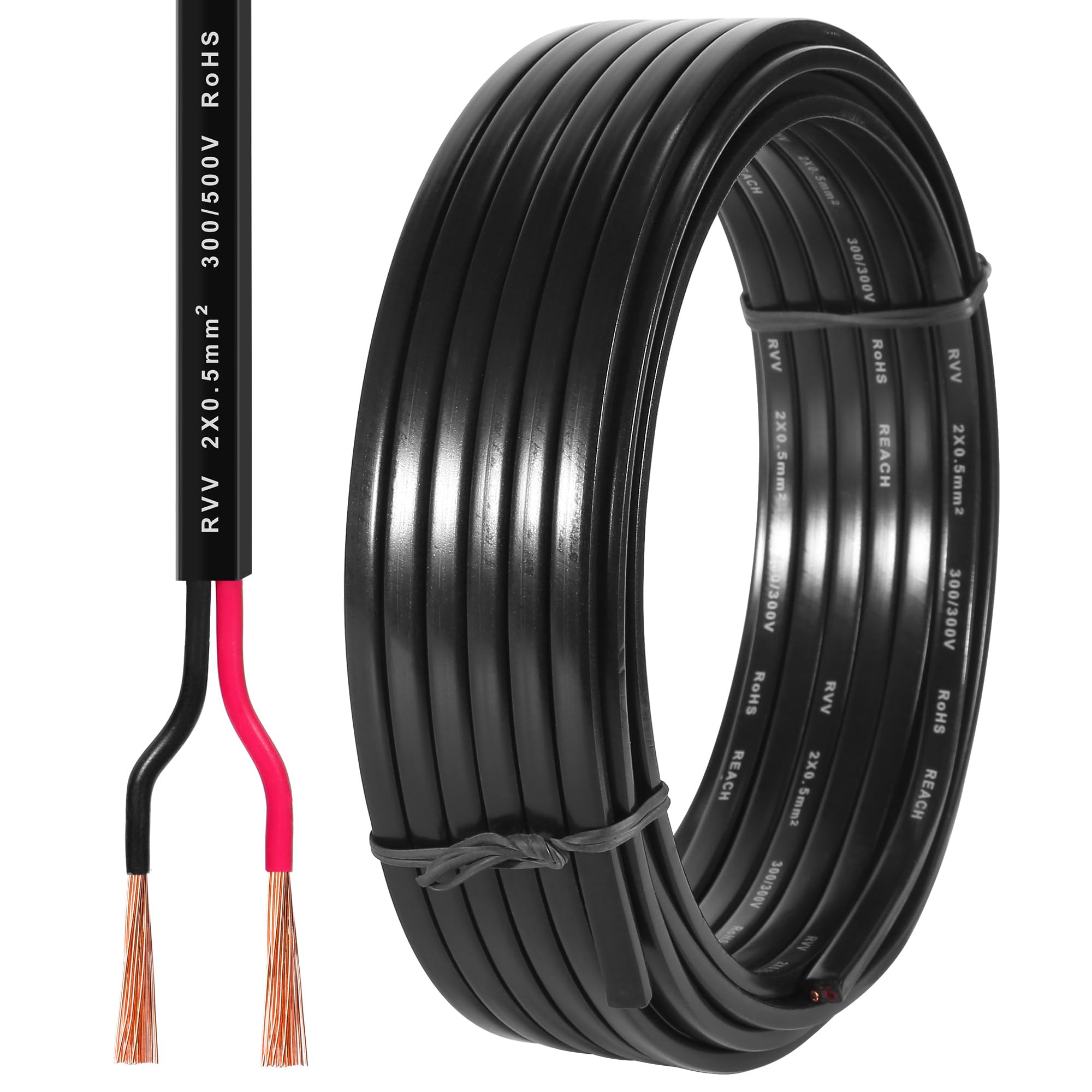 D-TECH Cavo Piatto 2 Fili per Auto 50M, Cavo Elettrico 2 conduttori rimorchio, 5V-80V Cavo a 2 conduttori per rimorchio Camion, Trattore, Barca, roulotte, Cavo Rimorchio 2 Poli 0,5mm²