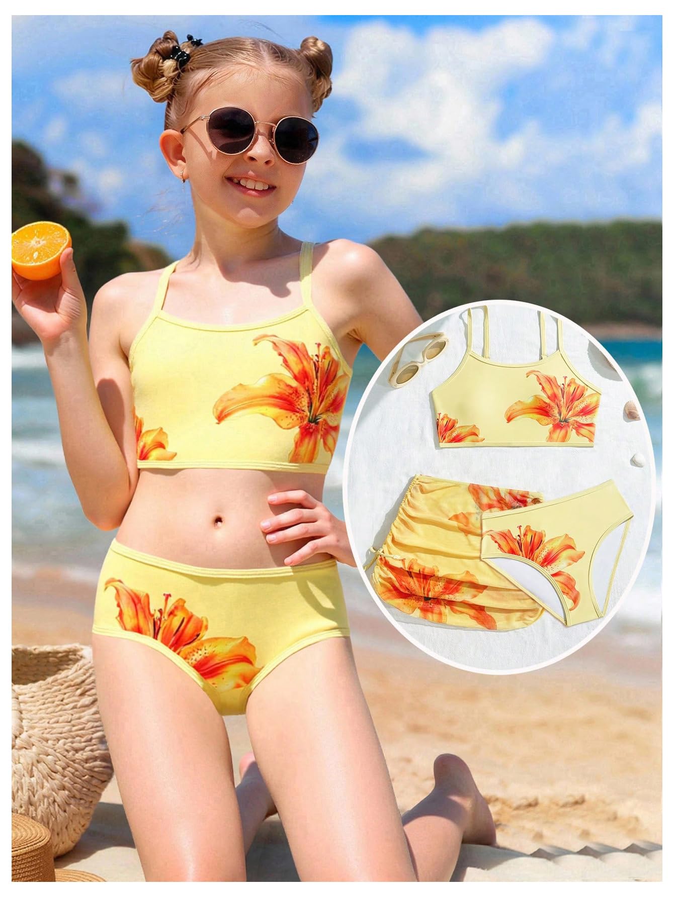 Girl'S 3 Piece Bikini Set Floral Spaghetti Strap Swimsuit with Cover Up Drawstring Sheer Skirts(10 Years)