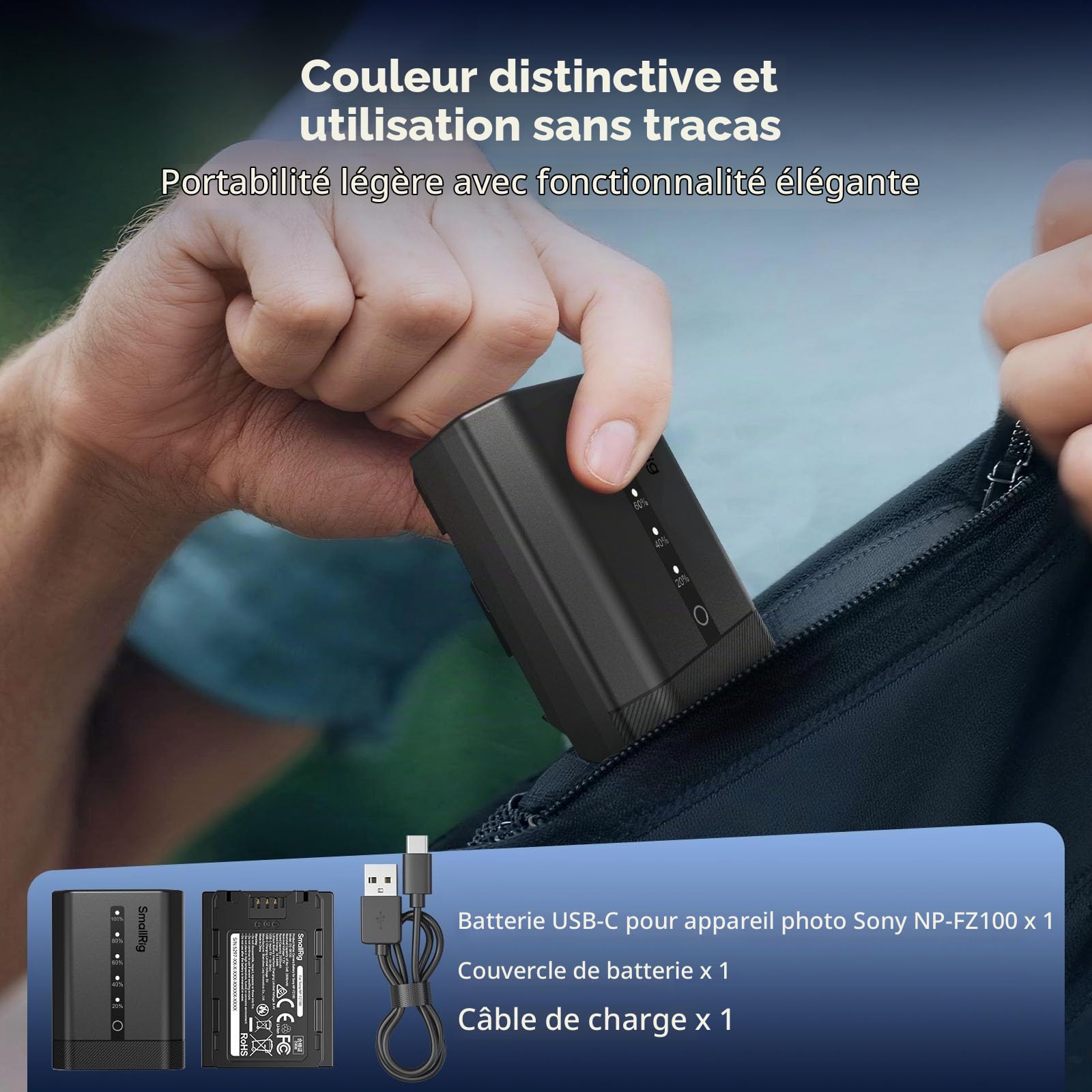 SMALLRIG NP-FZ100 Batterie pour appareil photo Sony 2520 mAh USB-C avec indicateur LED
