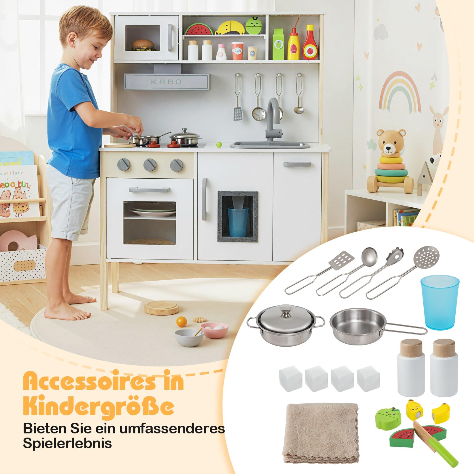 GOPLUS Drewniana kuchnia dla dzieci z kuchenką mikrofalową, zlewem, kranem, kuchenką gazową, okapem, kostkarką do lodów i piekarnikiem, zabawkowa kuchnia drewniana dla dzieci od 3 lat (biała)