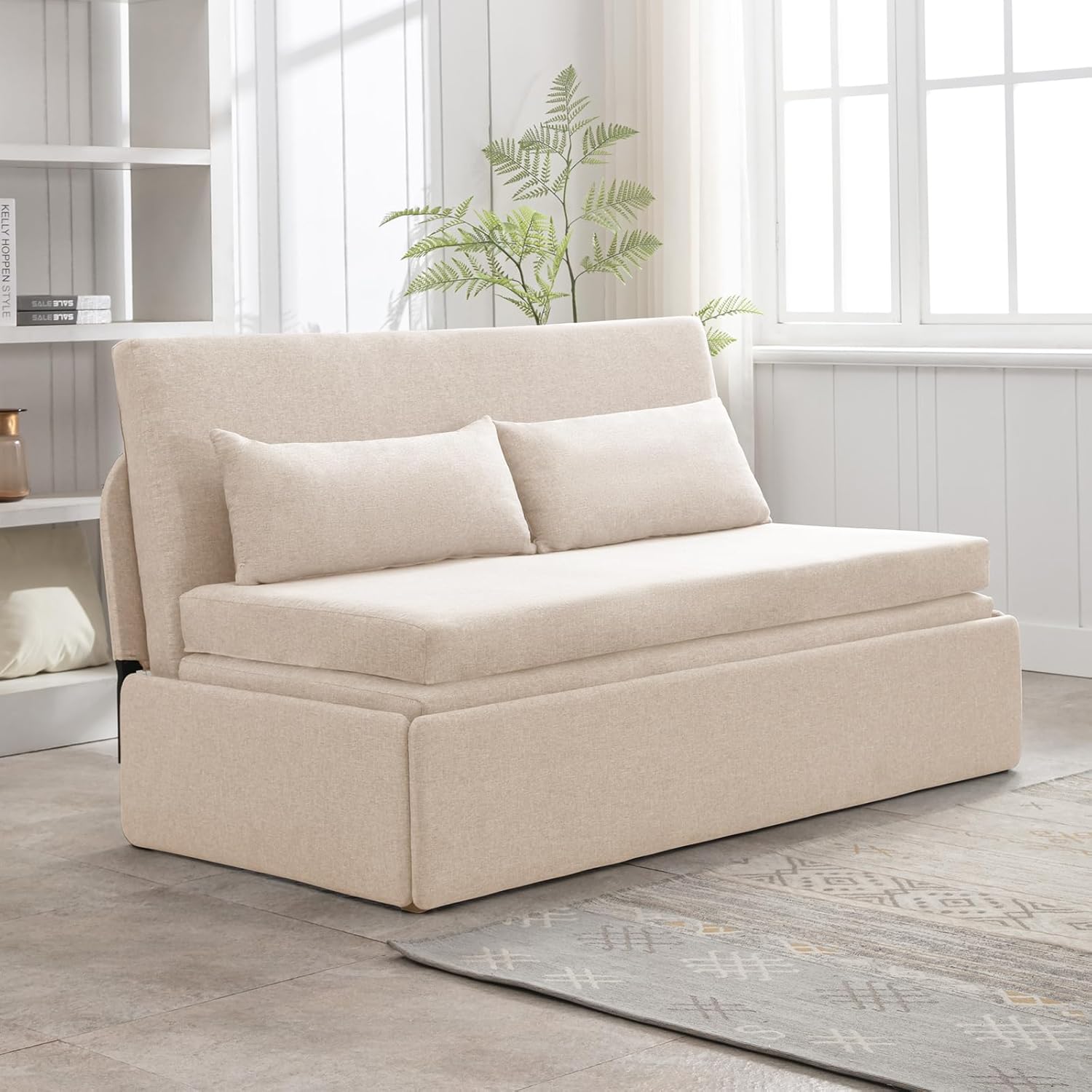 CECER Queen Size Pull Out Sofa Bed, Pull Out Couch Bed with 2 Pillows, Linen Convertible Sleeper Sofa with Foldable Mattress, 2 in1 Armless Sleeper Sofa for Living Room (Beige)