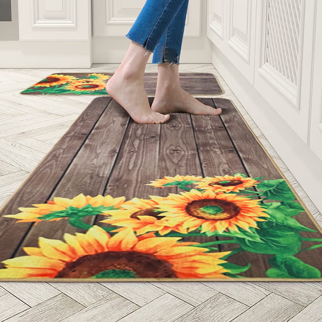 Poowe 2 Piece Microfiber Kitchen Rugs Cushioned Chef Soft Non-Slip Rubber Back Floor Mats Washable Doormat Bathroom Runner Area Rug Carpet (17"×28"+17"×47", Sunflower)