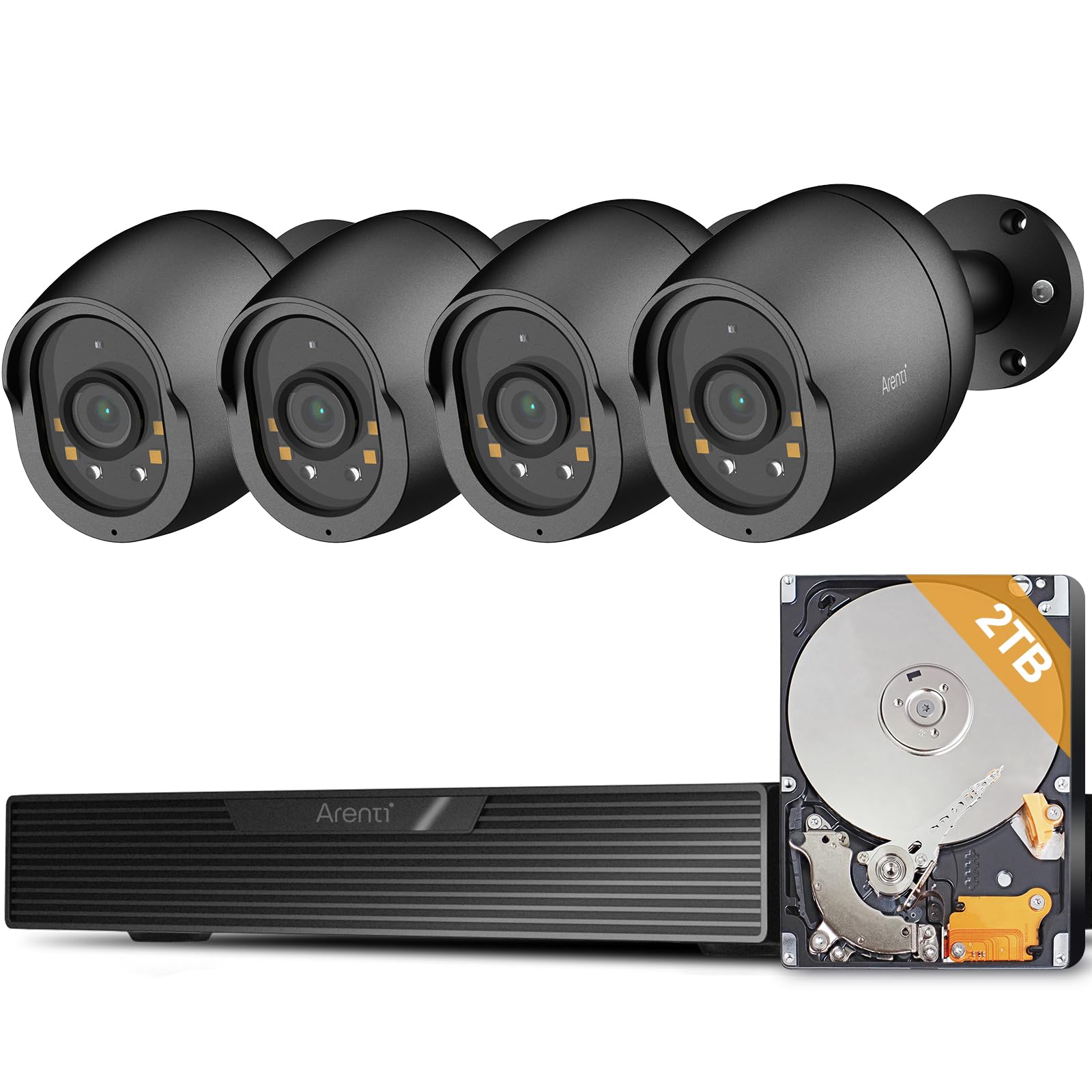 ARENTI System kamer monitoringowych, 5 MP system kamer POE z funkcją rozpoznawania pojazdu AI, 4 kamery monitorujące POE, H.264+ 8CH NVR z 2 TB HDD do 24-7 nagrań (czarny)