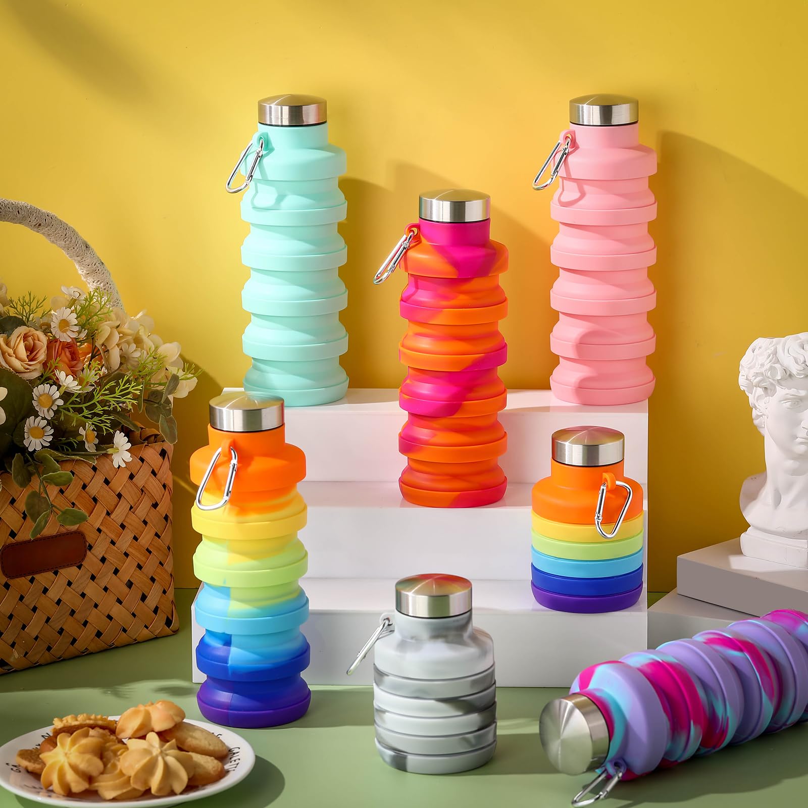 Sunnyray Faltbare Wasserflaschen, Silikon, tragbar, auslaufsicher, wiederverwendbar, Sportflaschen mit Clip, für Reisen, Wandern, Camping, Outdoor, Batikfärbung, 20 Stück