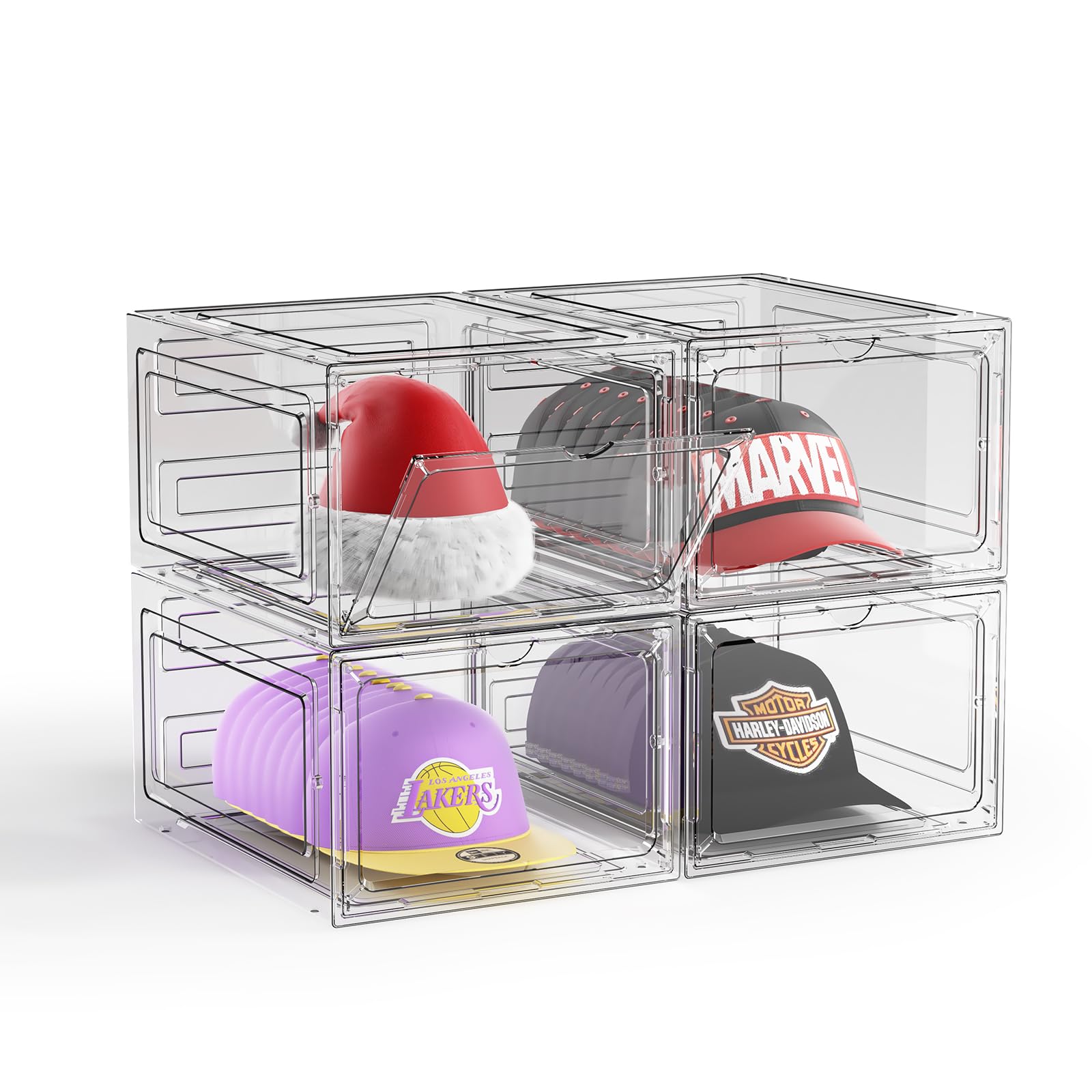 ZHAIXIAONIAN Hat Organizer Box for Baseball Caps, 4 Pack Clear Plastic Hat Storage Box Display Case with Magnetic Door, Hat Rack Holder for Closet,