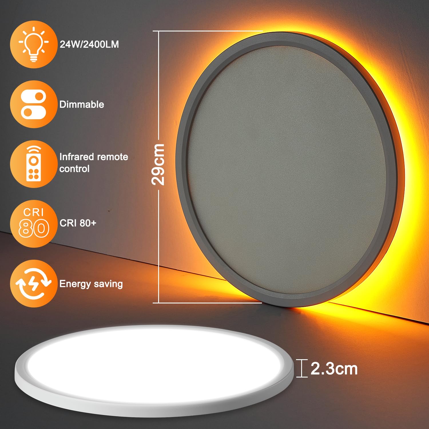 Plafonnier LED 24W Round,1800K Veilleuse réglable,3000K/4000K/6500K Lampe Plafond Blanc,IP44 Etanche plafonnier spot pour Chambre,Couloir, Garage, Cuisine, Balcon, salon,salle de bain,Ø29CM