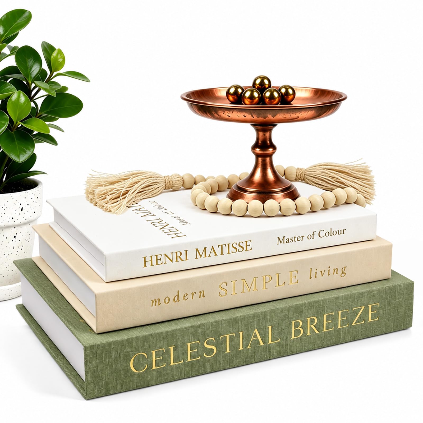 Decorative Books for Home Decor Set of 3 Stackable Linen Faux Book Boxes with Hidden Storage for Coffee Table, Bookshelf, Mantel, Office and Entryway Decor Including Wood Bead Garland