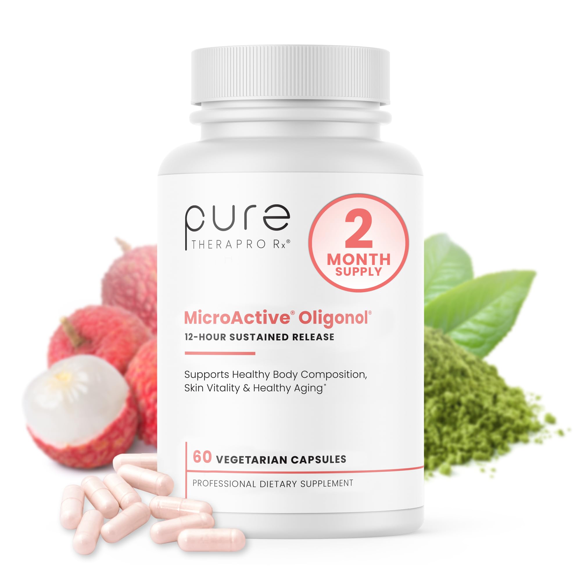 Pure Therapro Rx MicroActive Oligonol | Patented Lychii Fruit & Green Tea Supplement | 2X More bioAvailable | 2 Month Supply | Non-GMO (60 Vegan Capsules)