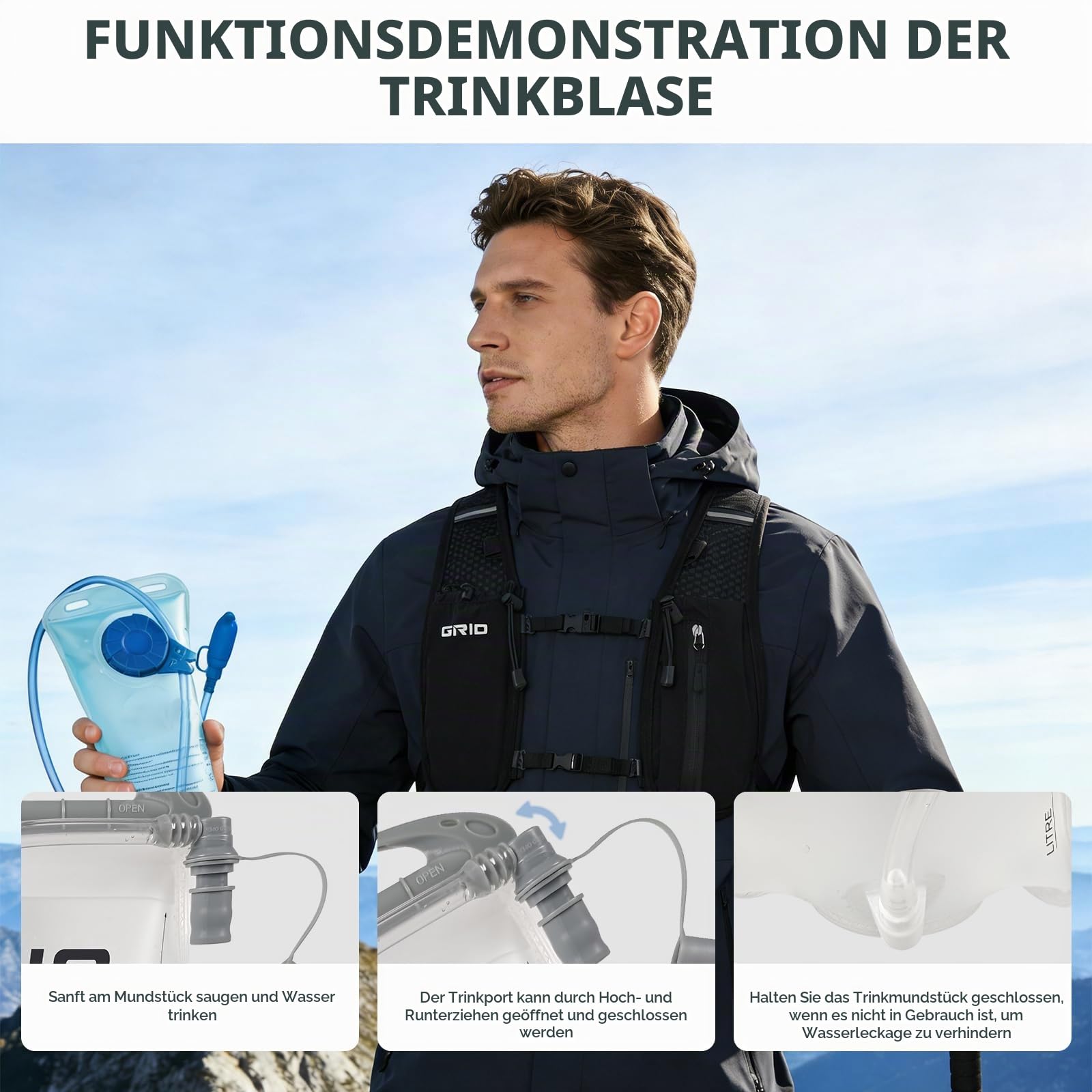 GRIO Laufweste Damen Herren mit 1,5L Trinkblase, Ultraleicht Verstellbar Reflektierend, Running Vest Trinkweste Laufen mit Handyfach, Laufrucksack Trinkrucksack für Wandern
