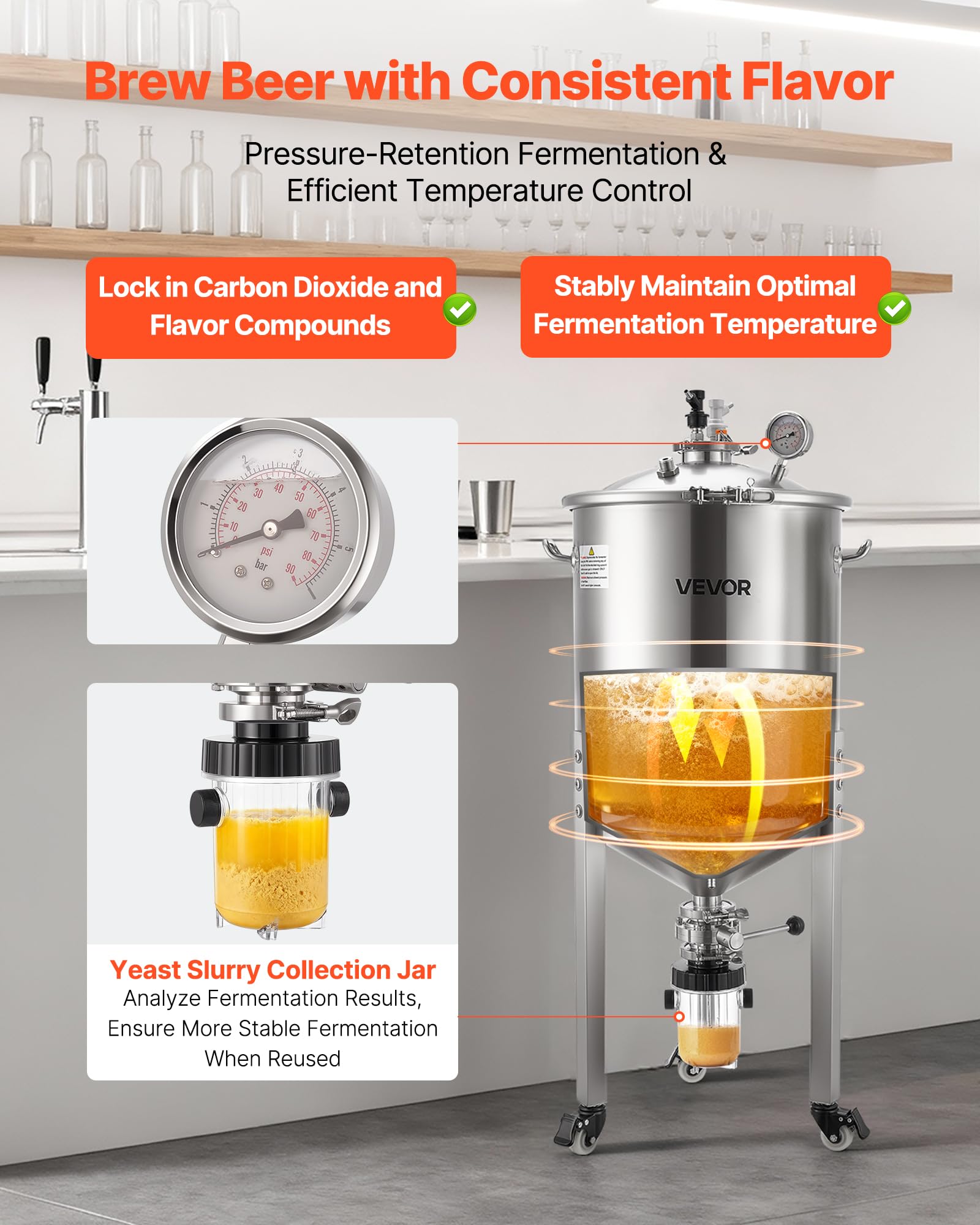 VEVOR Serbatoio di Fermentazione Conico per Produzione di Birra in Acciaio Inox da 60 Litri, Bollitore con Fondo Conico 3 Ruote, Botte di Fermentazione per Vino e Birra