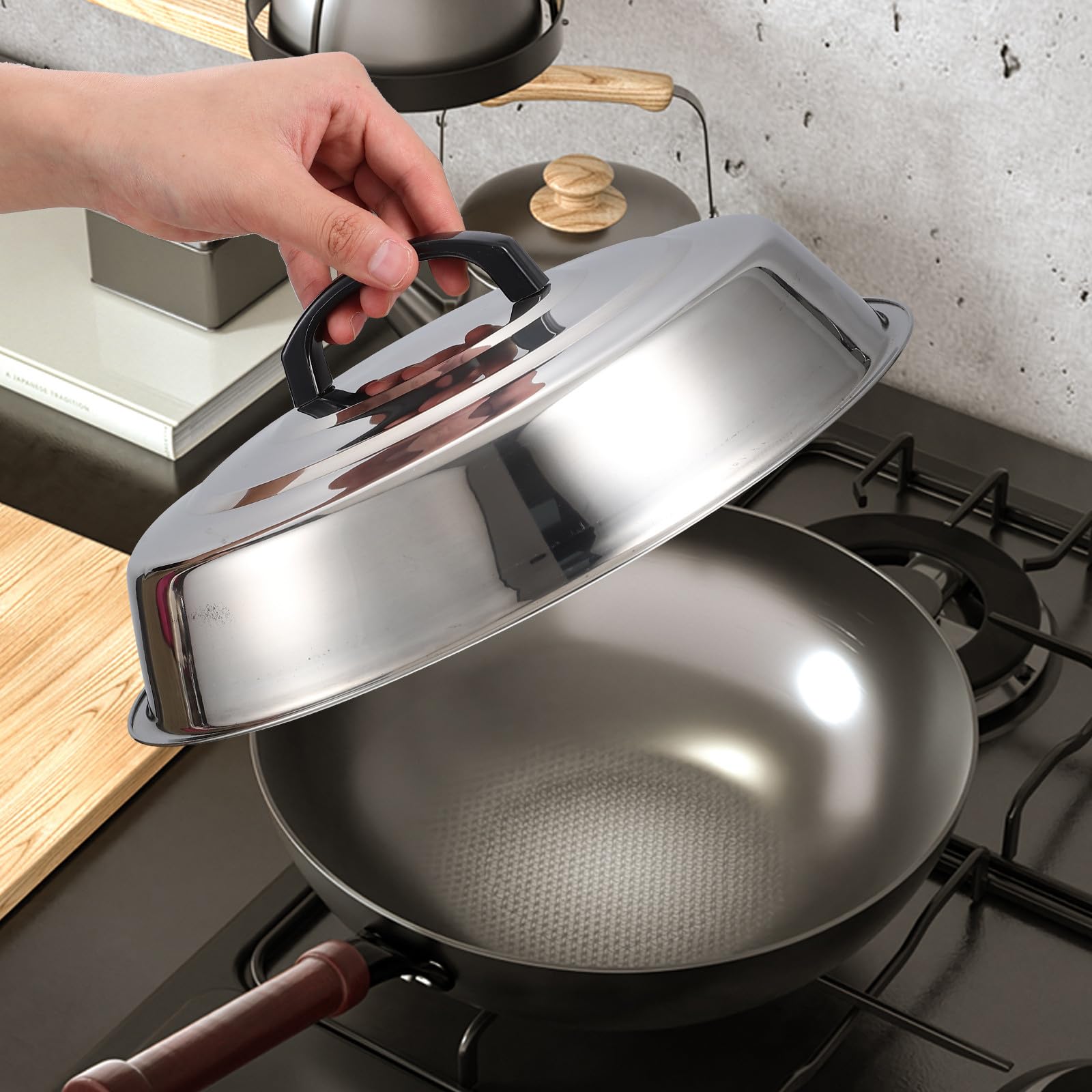 Coperchio Padella 30cm in Acciaio Inossidabile, Resistente e Spill-proof, Design Rotondo a Cupola per Grill e Facile da Pulire