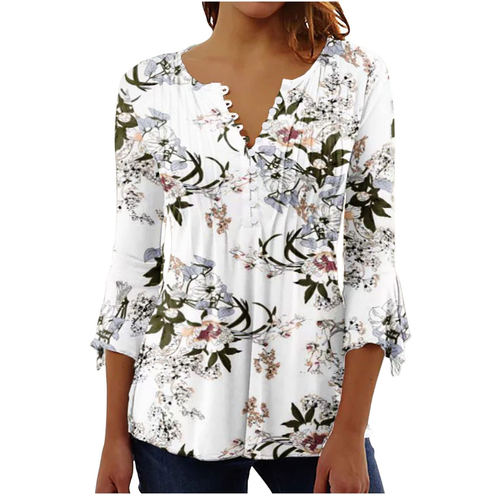 FTRGHNY Camisetas de verano para mujer, ropa de hogar para mujer, manga tres cuartos, cuello en V, camiseta delgada con botones para mujer