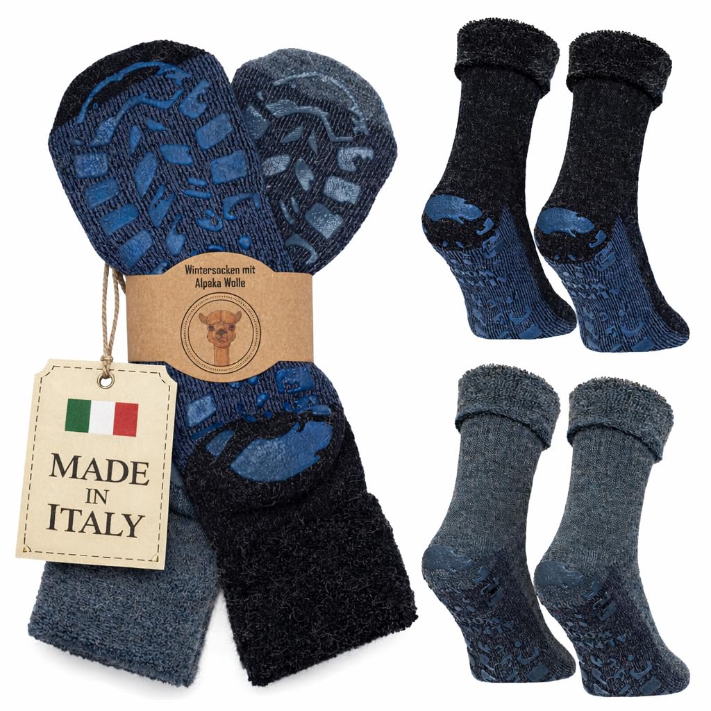 MOUNTREX Stoppersocken Alpaka Socken, Anti Rutsch Wollsocken Damen Herren, Wintersocken - Warme ABS Haussocken, Dicke Antirutschsocken - 2 Paar