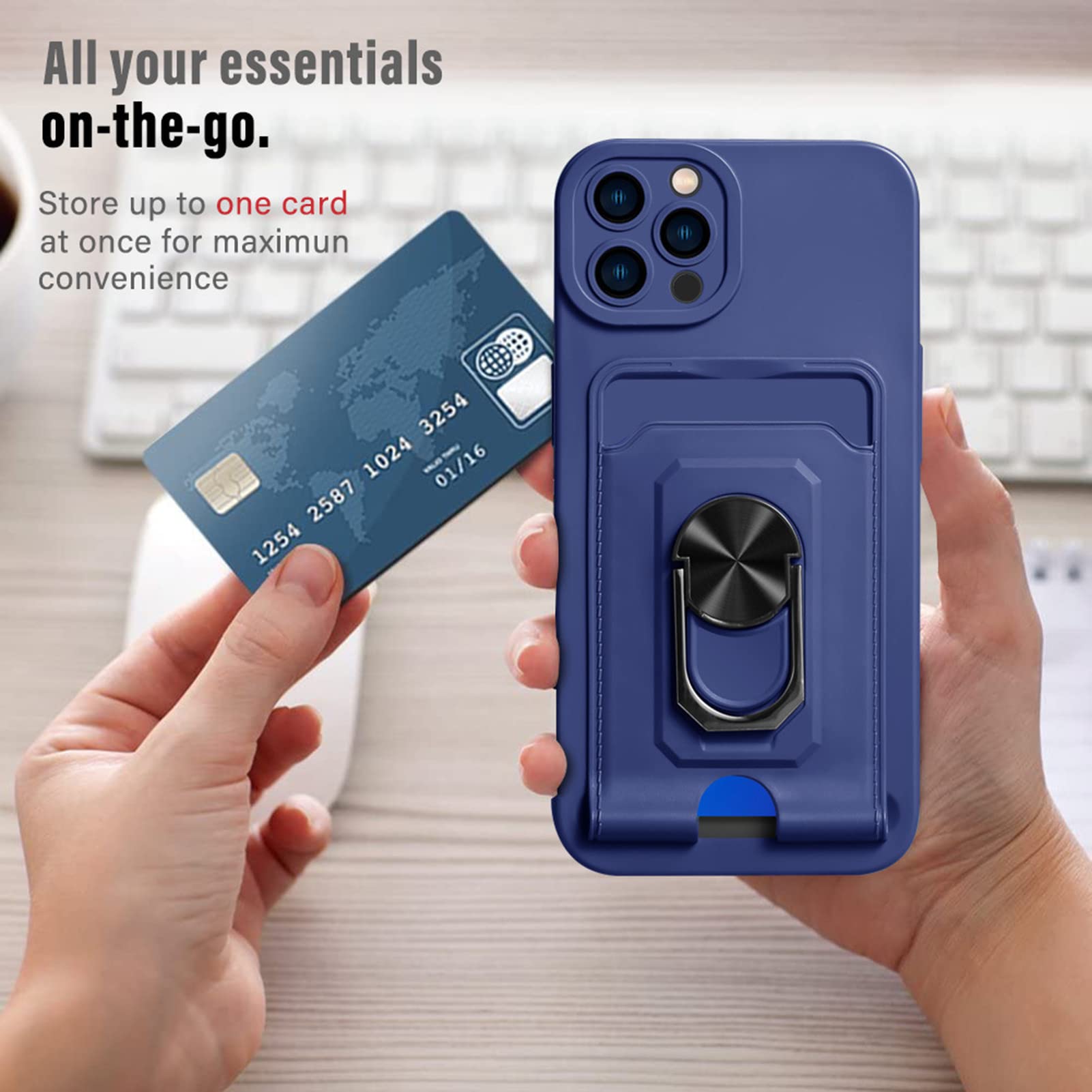 Cover per iPhone 14/14 Pro/14 Plus/14 Pro Max,Sottile Custodia, Protezione Lenti,PC E Silicone,Magnetico Anello Slot Per Schede Con Cordino,Per Ricarica Wireless,Blu,14 pro 6.1''