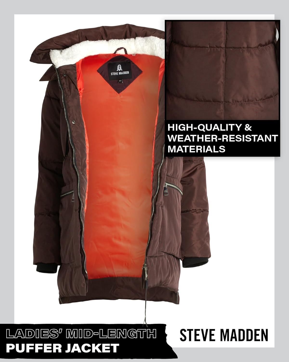 Steve Madden Womens Winter Coats - Midlength Parka Jackets for Women Insulated Quilted Puffer Jacket Womens Faux Sherpa Hood - Image 4