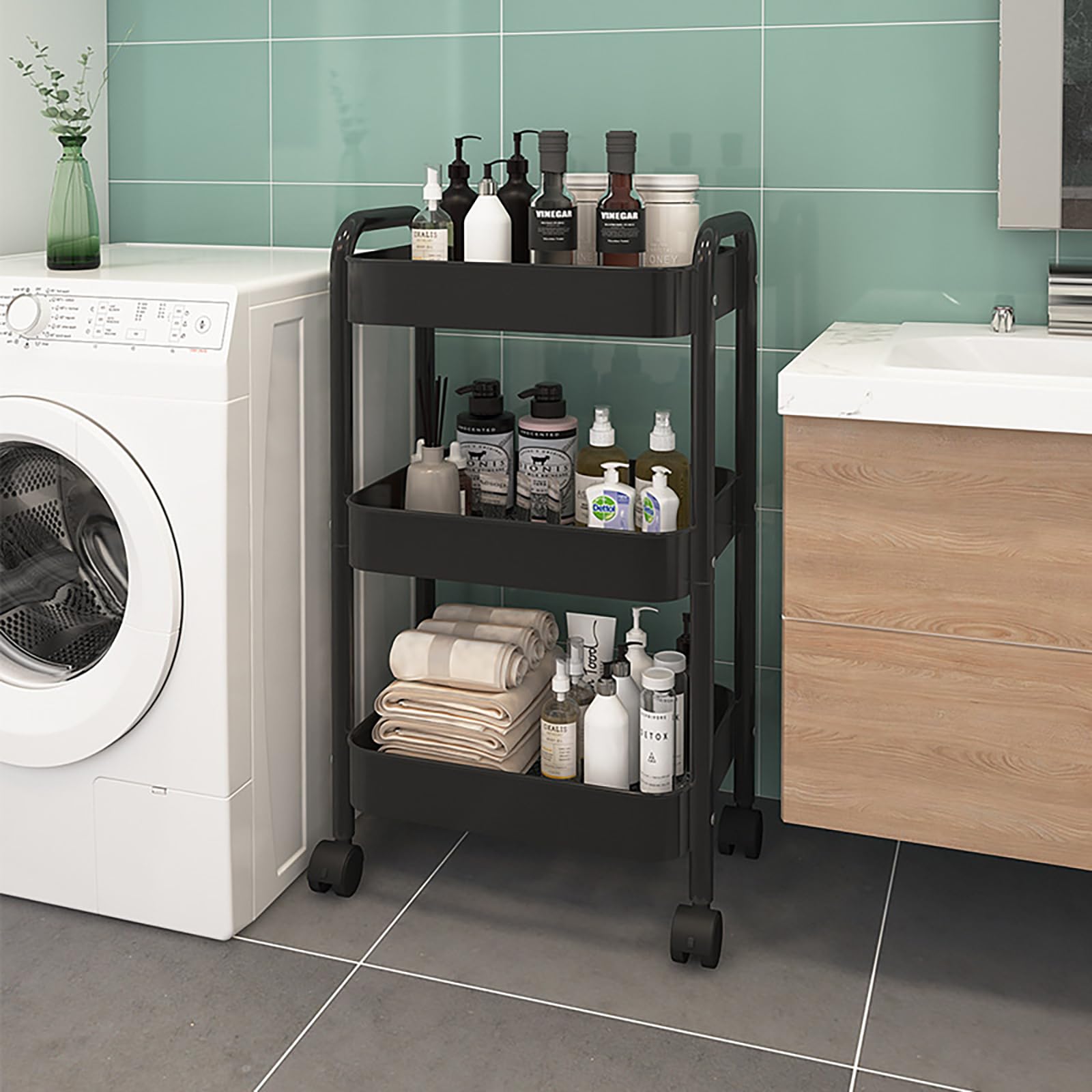 EKNITEY Carrello Portaoggetti A 3 Ripiani In Metallo Con Ruote – Per Cucina, Bagno, Lavanderia – Facile Montaggio, Nero