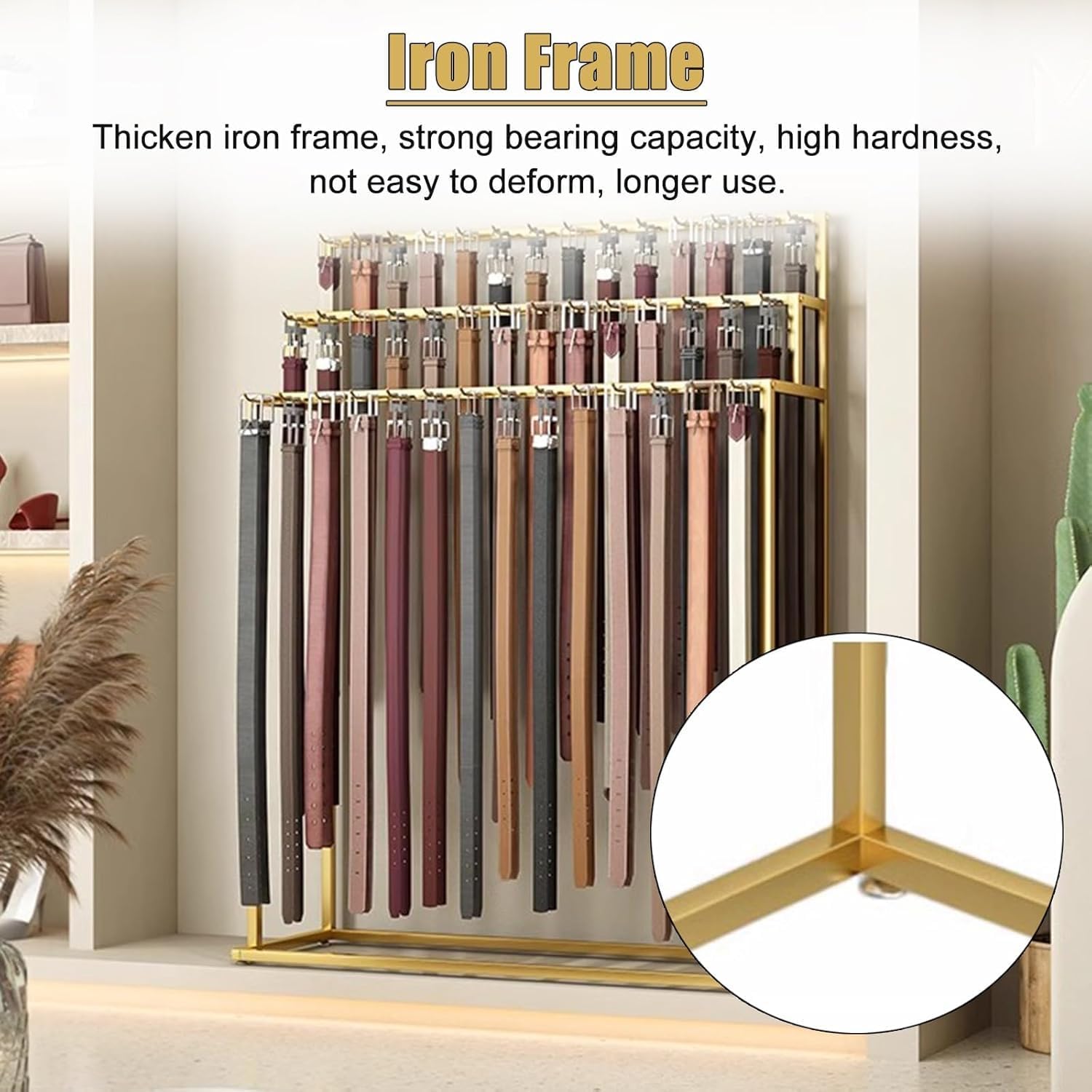 Gold Belt Organizer Rack with 21/24/30/39/48/60 Hooks, Against The Wall Metal Bras Panties Socks Hanger, for Closet/Lingerie Shop/Shopping Mall, Iron Frame(48 Hanging Rods)