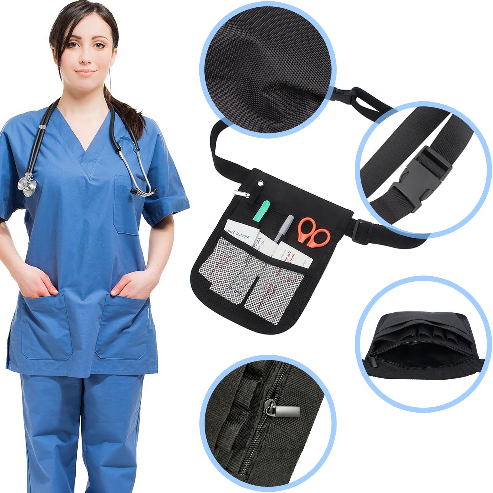 Produktbild von Krankenschwester Gürteltasche – Oxford, Schwarz, Verstellbar, 9 Fächer, 25x18 Cm – Für Pflege, Service & Handwerk