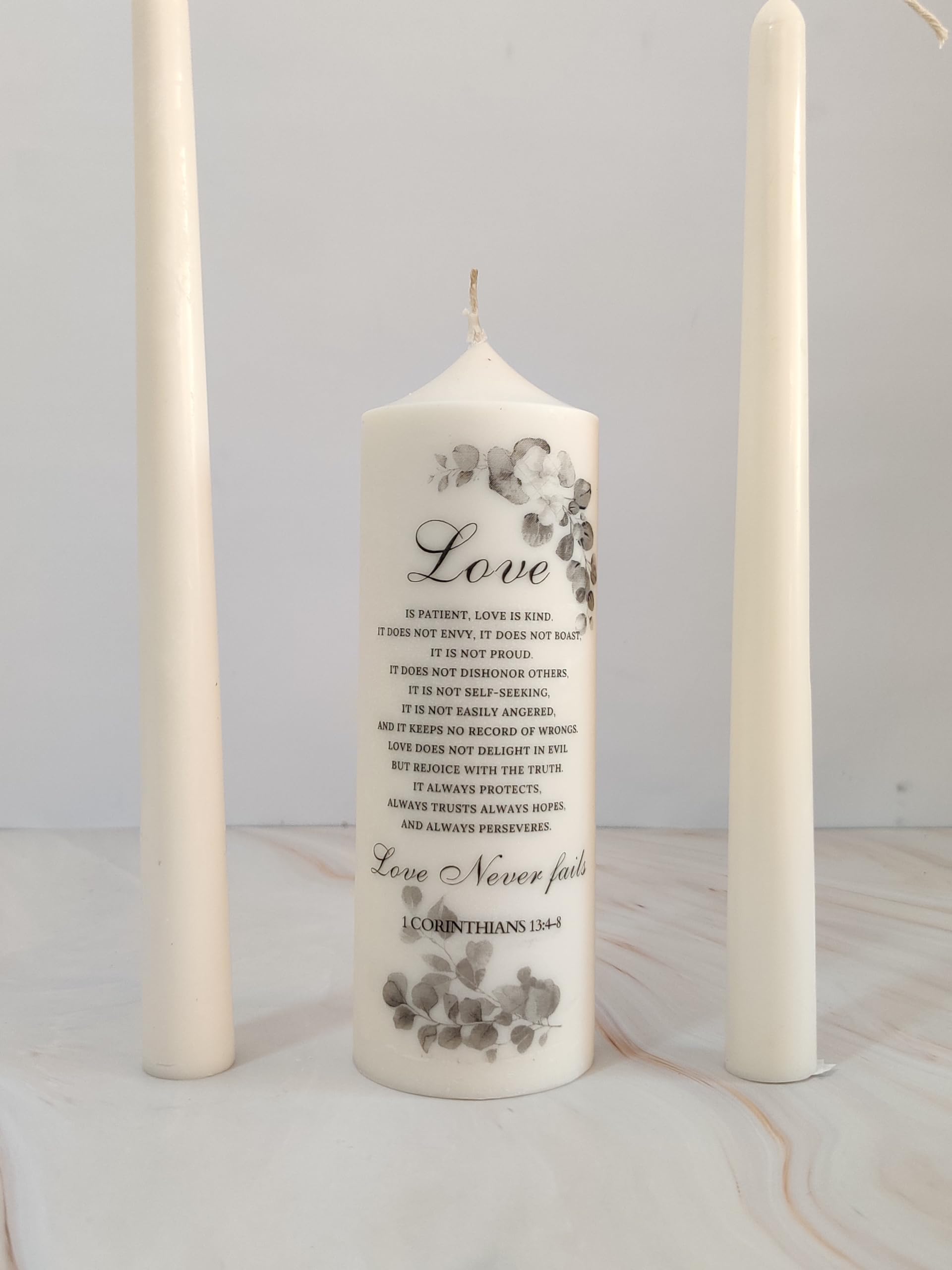 Kairos Home Soy Wax Unity Candle for Wedding Cermony | Bride and Groom Candles | Customized Message Candle for All Types of Cermonies, 1 Pillar Candle and 2 Taper Candles (Love Never Fails)