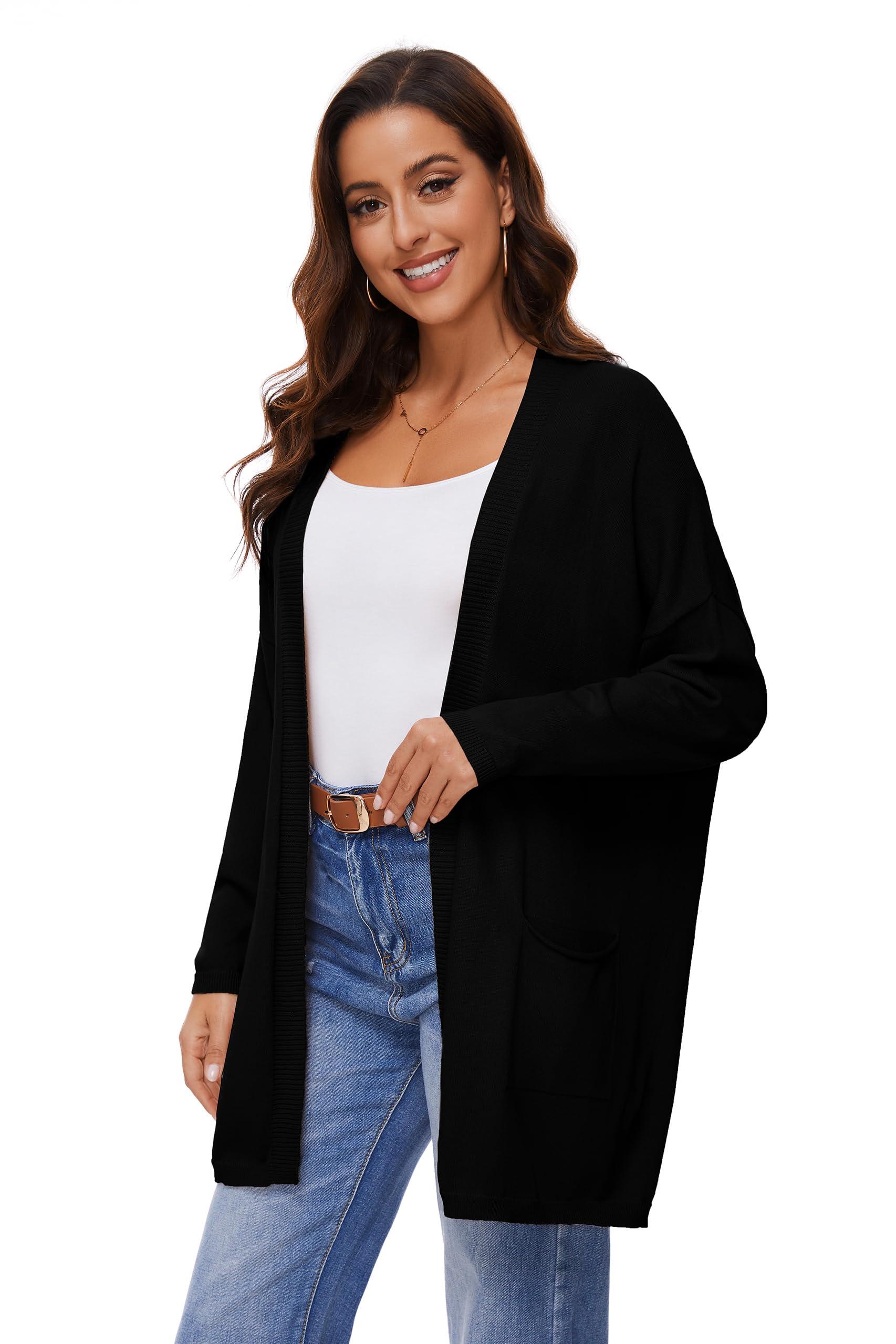 Cárdigan Abierto De Manga Larga 100% Algodón para Mujer con Bolsillos, Suéter Casual Suelto Y Ligero, Negro, XL