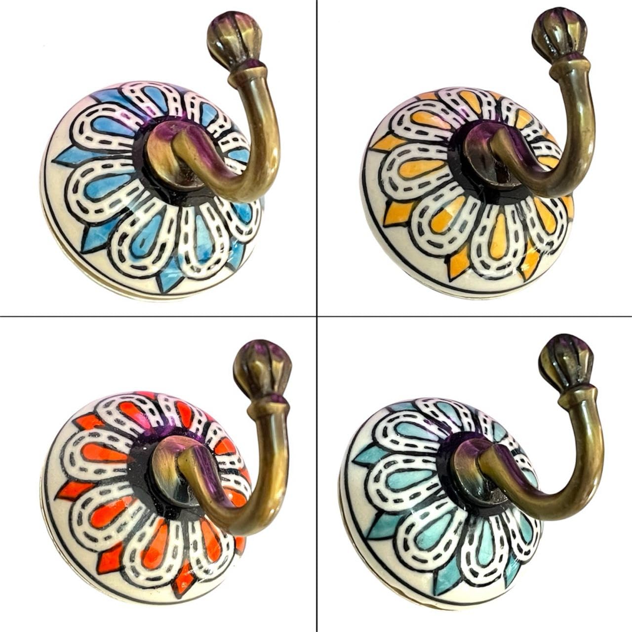 Maison Belle Ceramic Metal Wall Hook/Wall Mounted Single Hook Hanger - Gold Antique (Size 3.5 Inch, Hand Painting) (Multi - Pack of 4)