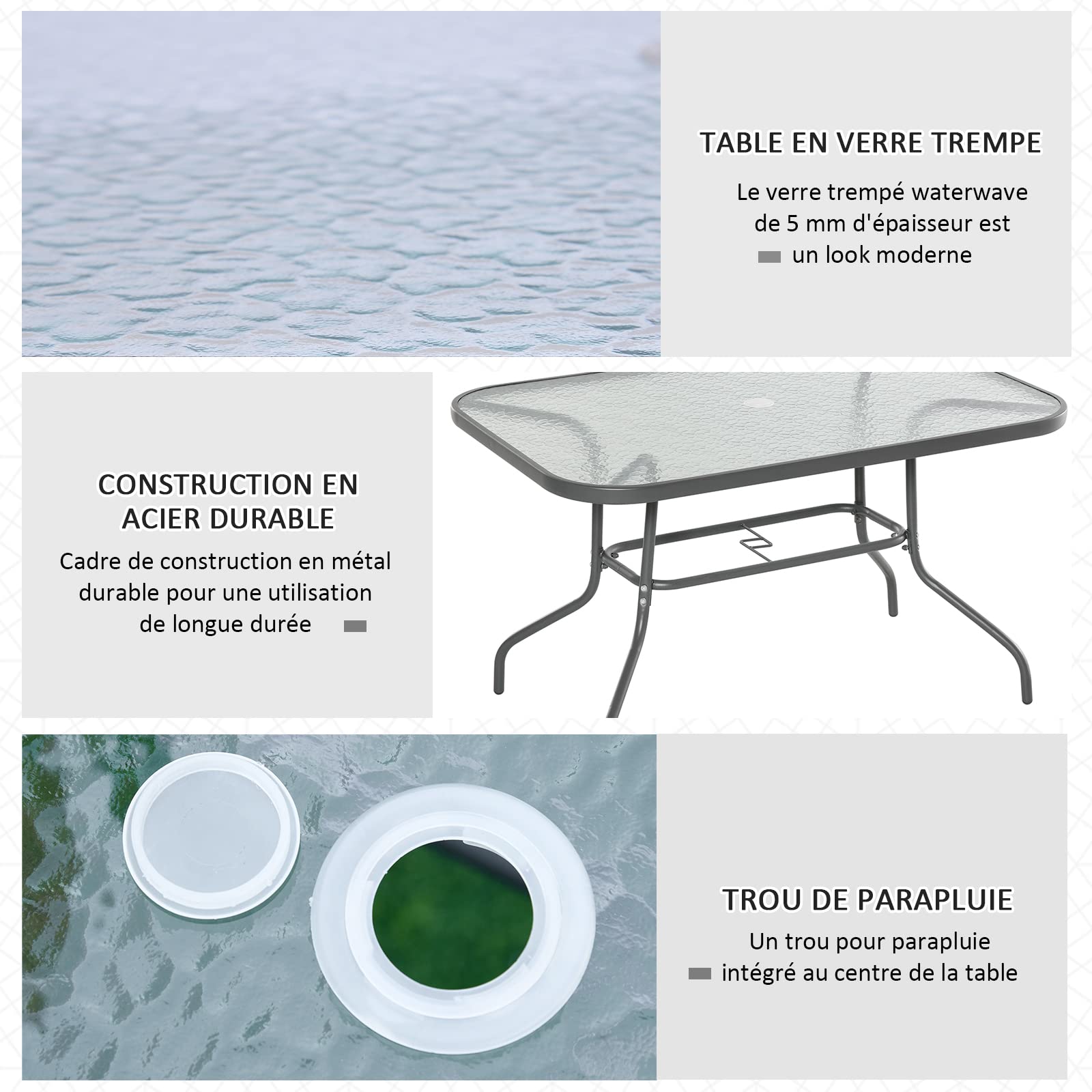Outsunny Table de Jardin rectangulaire 120x80x70 cm métal époxy Gris Verre trempé