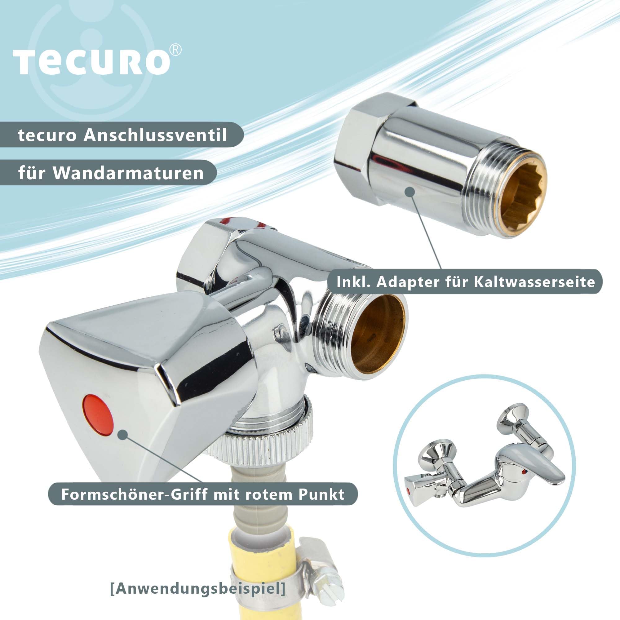 tecuro Batterie- Geräteventil, Anschlussventil für Wandarmaturen, Abgang Warmwasser Wandanschluss & Abgang 3/4 Zoll Oberfläche poliert verchromt