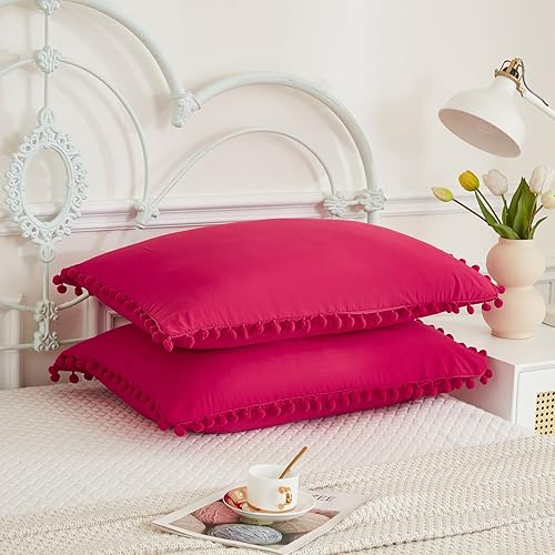 Miniatura 2 de Juego de 2 fundas de almohada color magenta, 100% microfibra lavada, color burdeos, paquete de 2 fundas de almohada estándar (Queen, magenta)