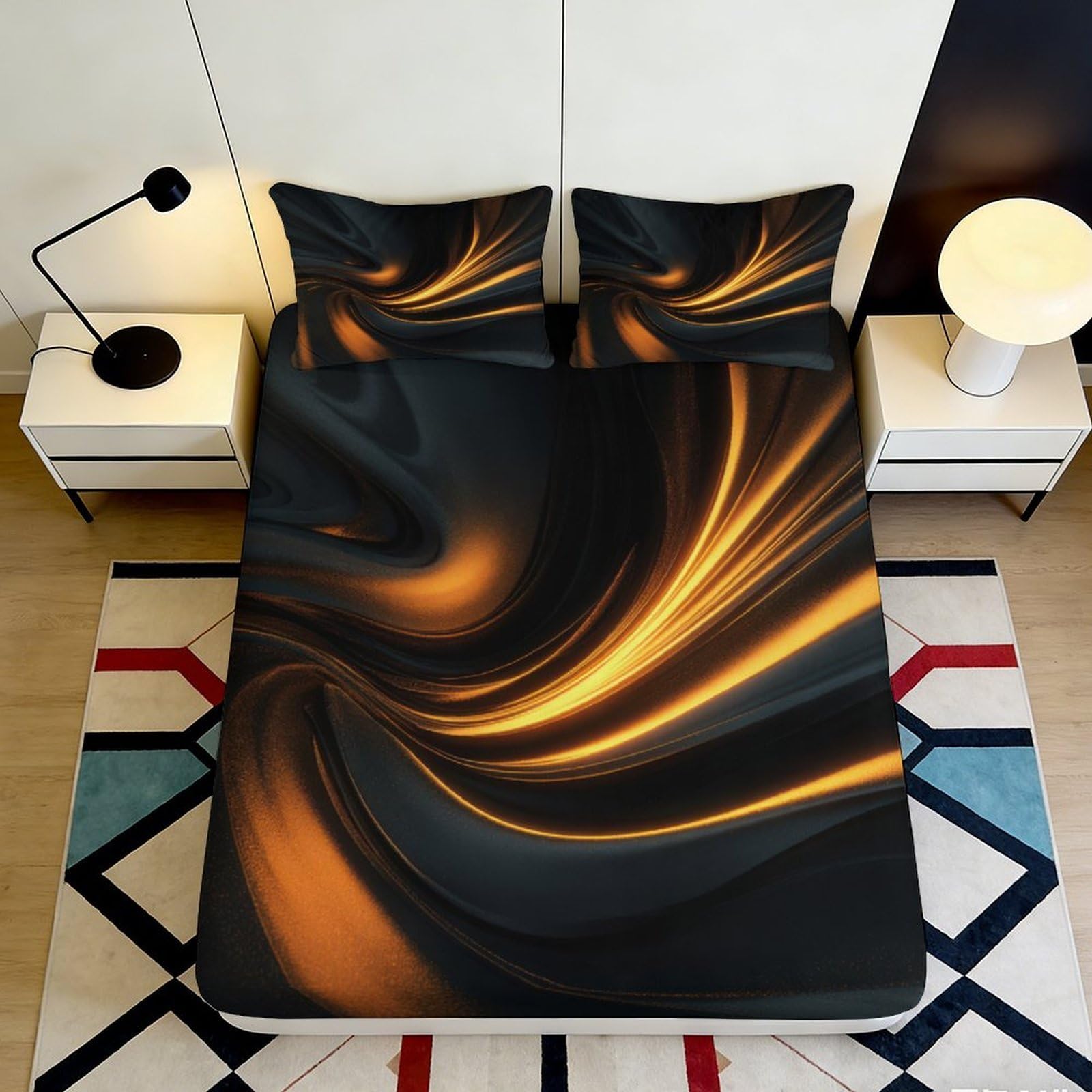 Jqzkxnhpbr Style-7 3D Printed Golden Swirl Fitted Sheet Microfiber Soft Black Abstract Mattress Cover For Bedroom Guest Room Decor Protection 90X200x25cm