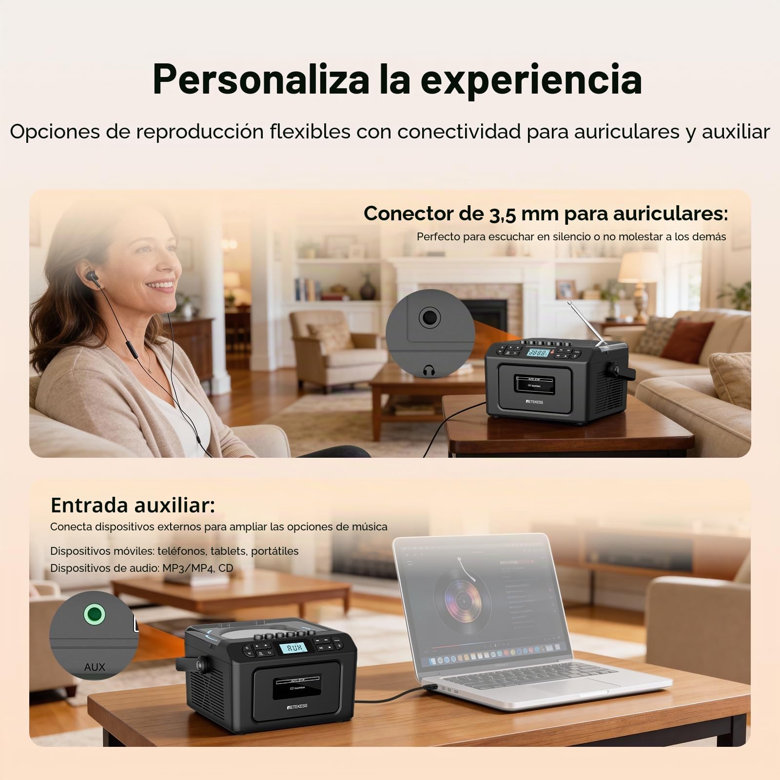Retekess TR642 Reproductor de CD Portátil, Radio Cassette Portátil, Am/FM, Conectividad Inalámbrica, Batería Recargable de 5000 mAh, USB/AUX/TF, Conector para Auriculares, Apto para Familias