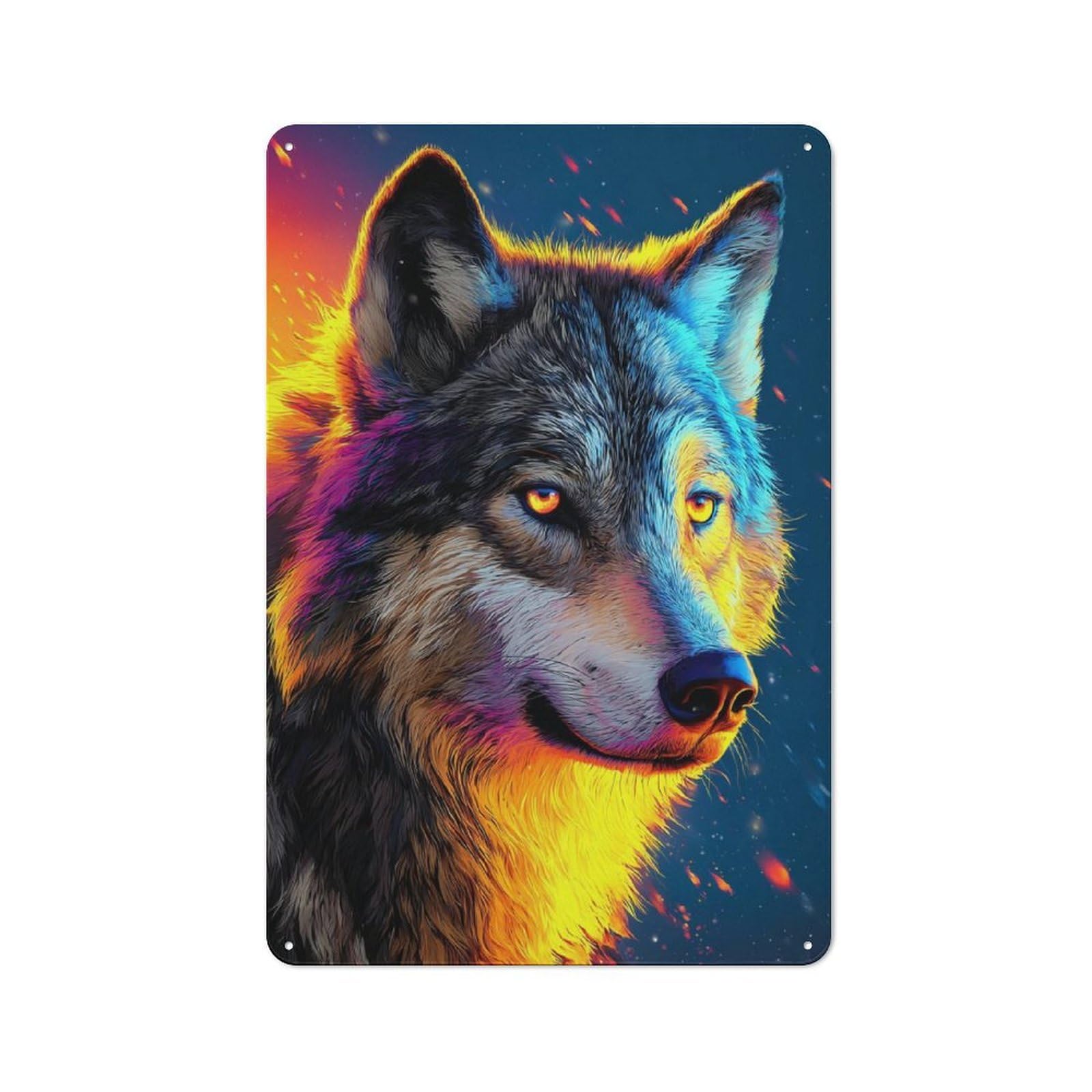 Junmoney Colorful Wolf Portrait Artwork Tin Wall Plaque 30X20cm With For Café Or Restaurant, Suited To Restaurant Decor Fans