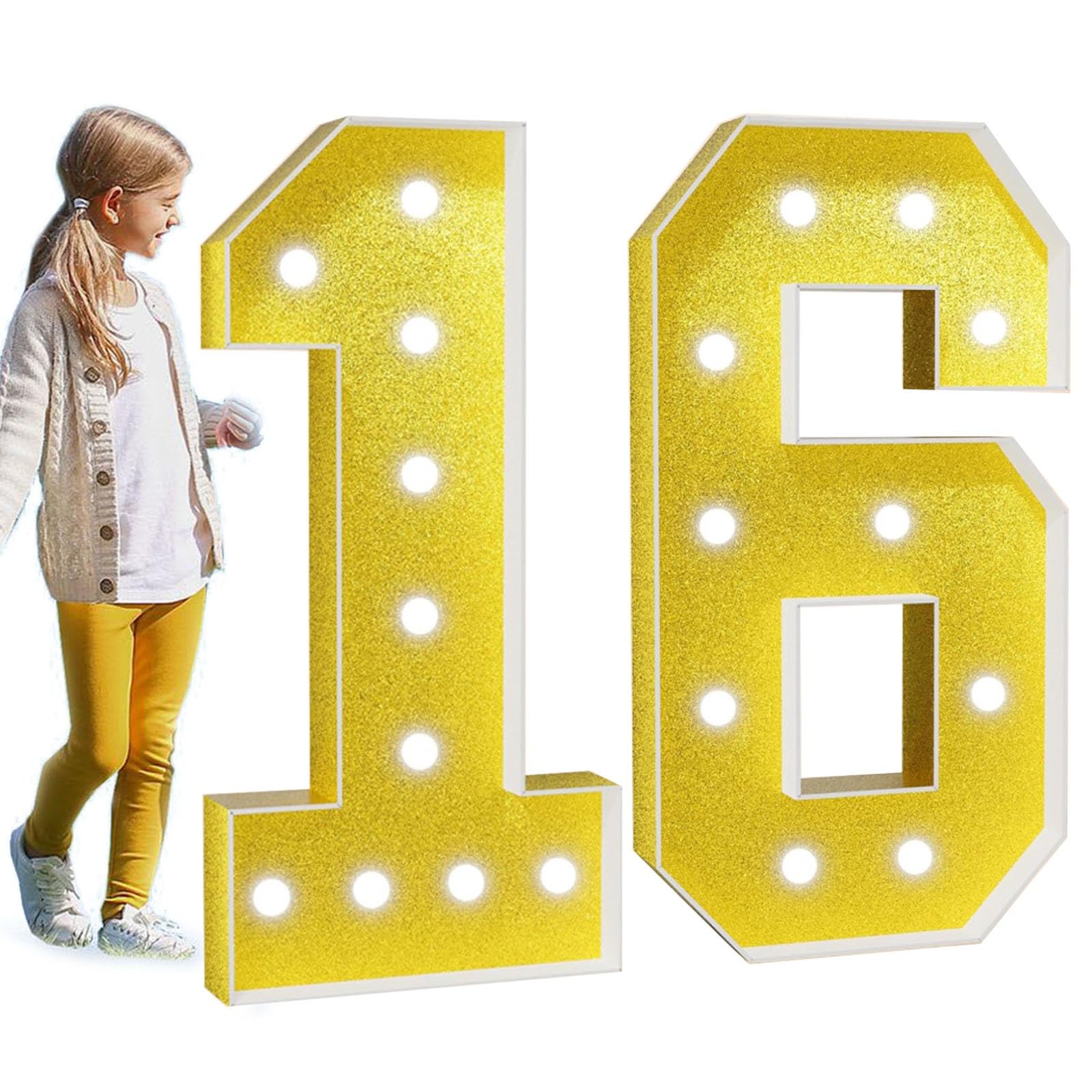 Marquee Light Up Number Large Mosaic Numbers Sign with White Lights Giant Mosaic Frame Number for 5th 50th Birthday Party Anniversary Decorations Pre-Cut Foam Board(Color:Number 16,Size:100cm/3.3FT)