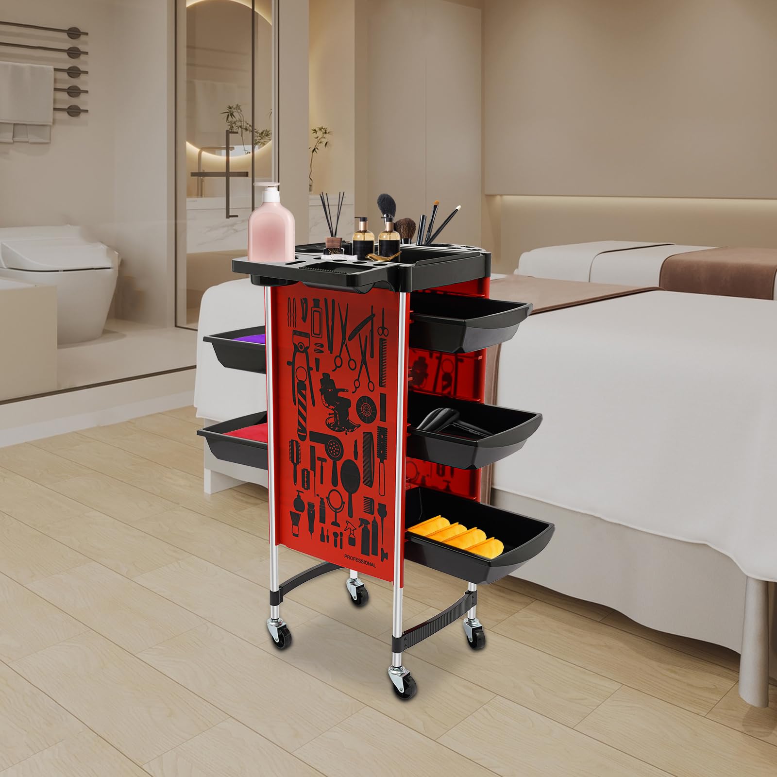 Carrello da parrucchiere con 5 cassetti e 6 ripiani, portata 100 kg, in acciaio inox, per salone e salone di unghie (rosso)