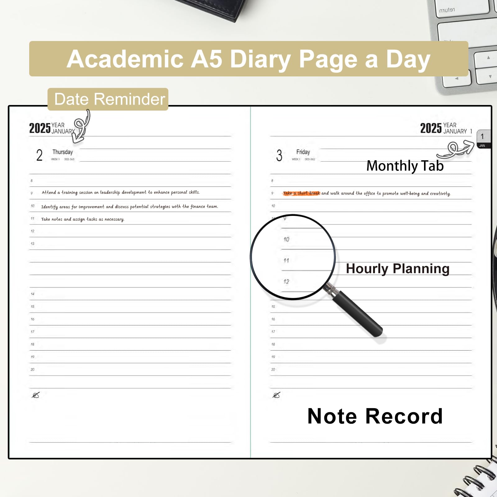 Mljtoyo Agenda 2025, formato A5, una pagina al giorno, copertina morbida, agenda giornaliera mensile da gennaio 2025 a dicembre 2025, agenda giornaliera A5, con penna, adesivi, tasca posteriore, 3