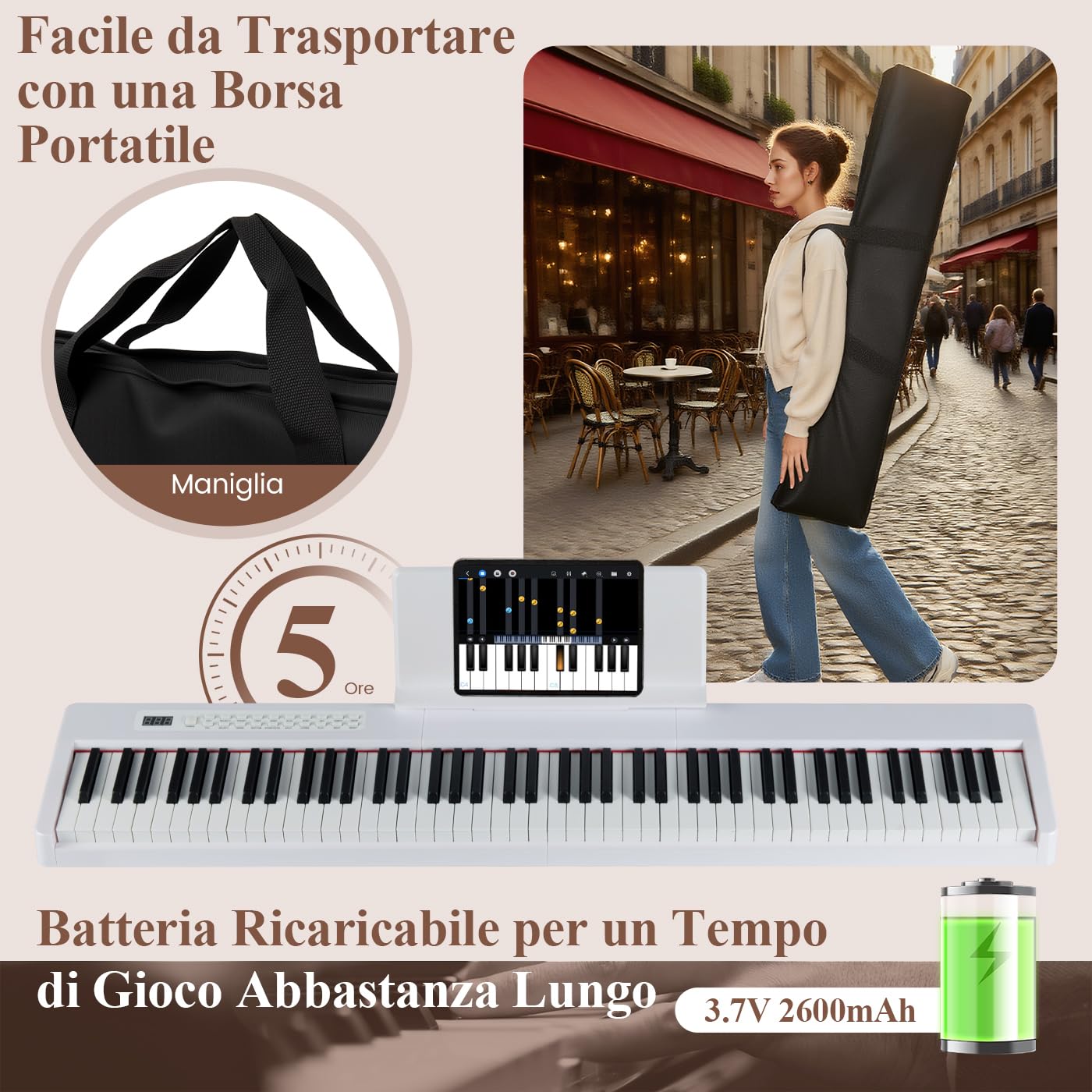 COSTWAY Pianoforte Digitale a 88 Tasti, Tastiera Elettrica per Principianti con 380 Timbri, 128 Ritmi e 88 Demo, Pianola Tastiera Portatile e Leggera con Borsa da Trasporto (Bianco)