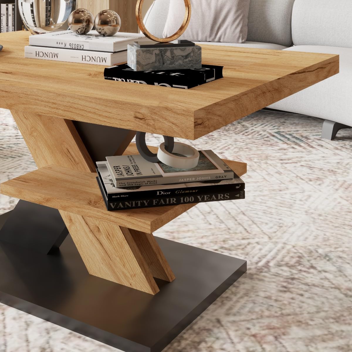 Viosimc Couchtisch, Moderner Wohnzimmertisch, Modern Möbel Wohnzimmer, Kaffeetisch, Sofatisch mit Großer Ablage, Beistelltisch für Tee und Kaffee – Coffee Table for Living Room - Eiche & Schwarz